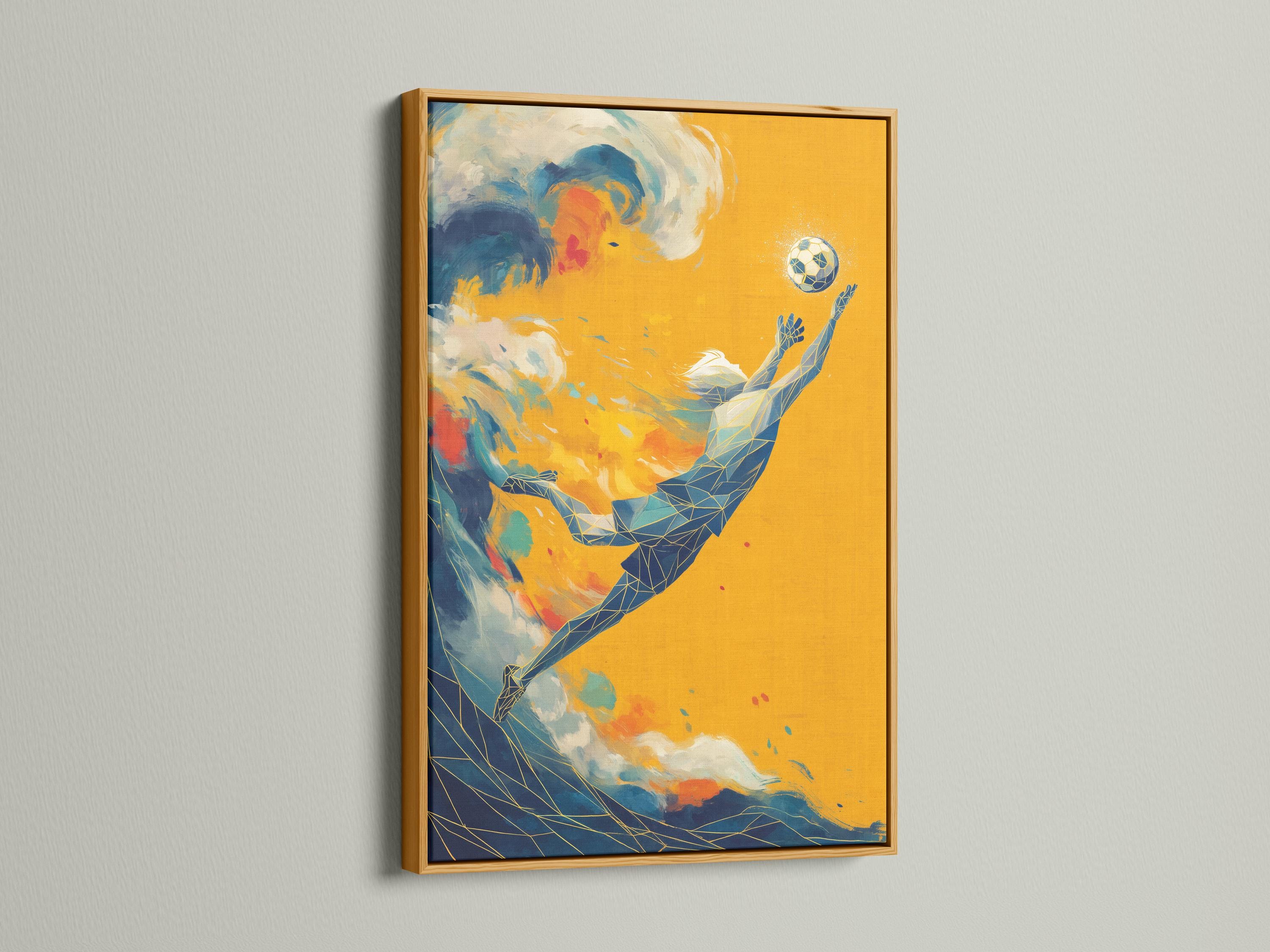 Geometric soccer player wall artwork shown in a framed mockup on a light wall