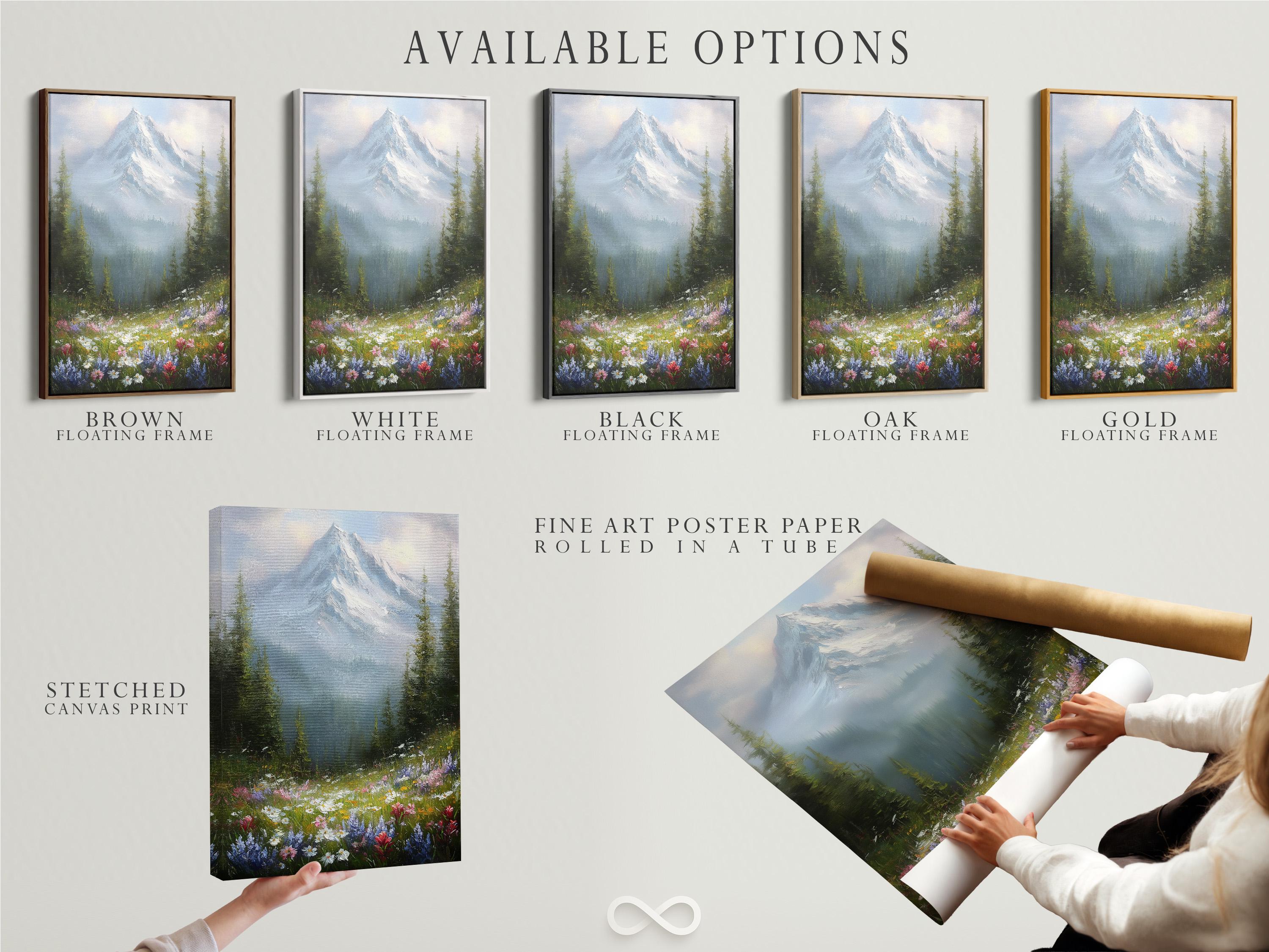 Wall mockup featuring a framed snowy mountain landscape with wildflowers and forest trees