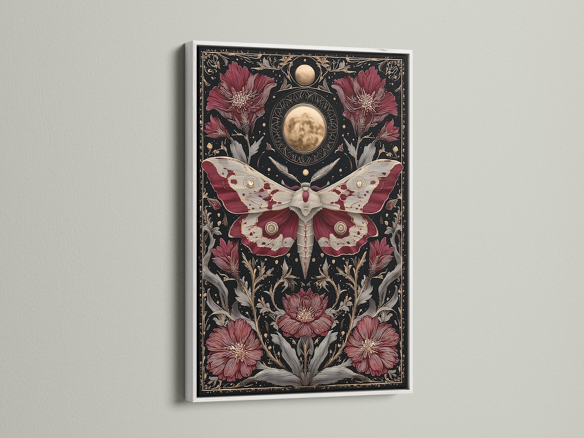 A dark, gothic-style moth illustration with burgundy wings and gold celestial moon motifs, surrounded by botanical florals on a near-black background