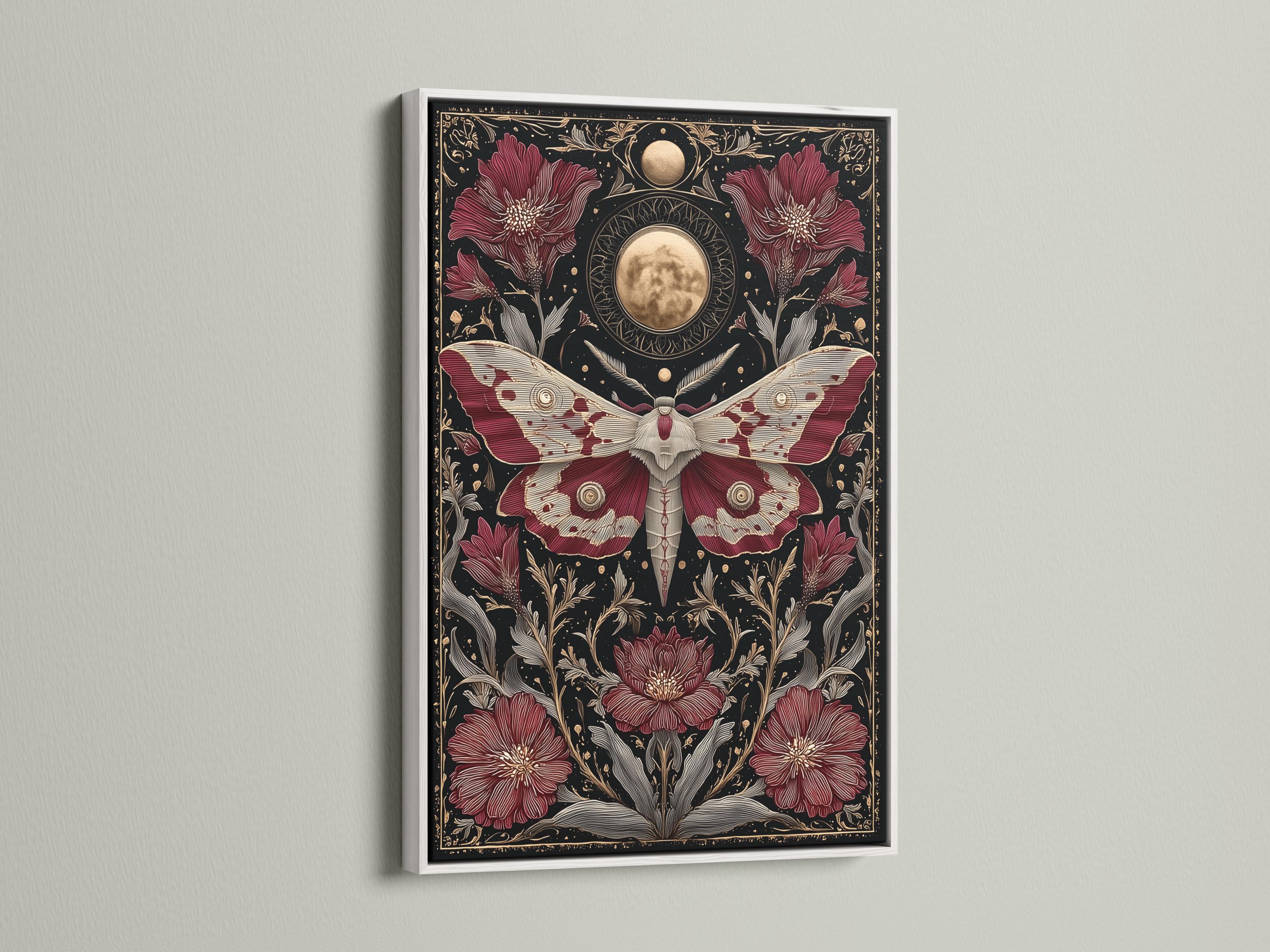 A dark, gothic-style moth illustration with burgundy wings and gold celestial moon motifs, surrounded by botanical florals on a near-black background