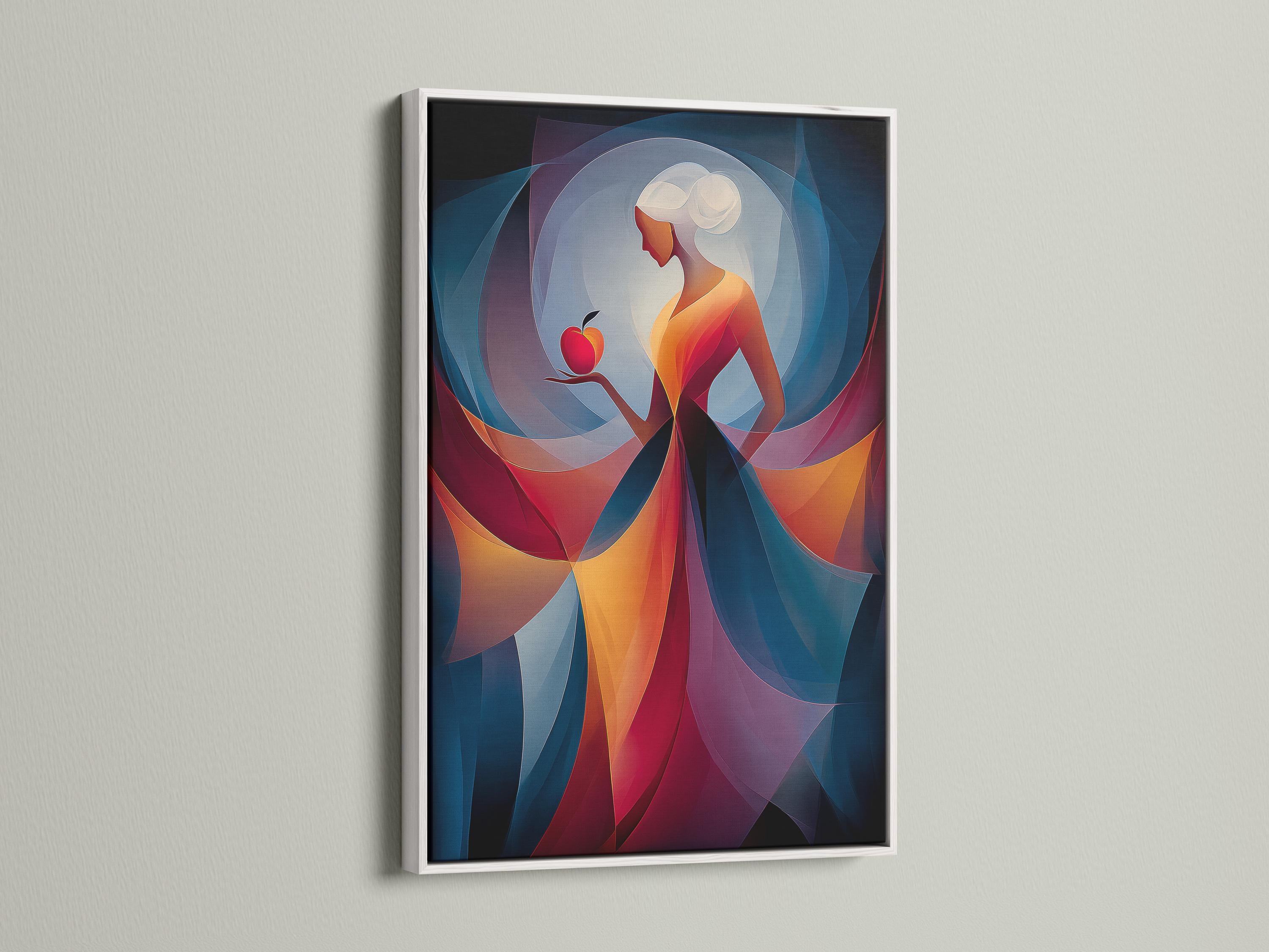 Abstract woman holding a red apple with layered blue, teal and purple curved shapes detail view