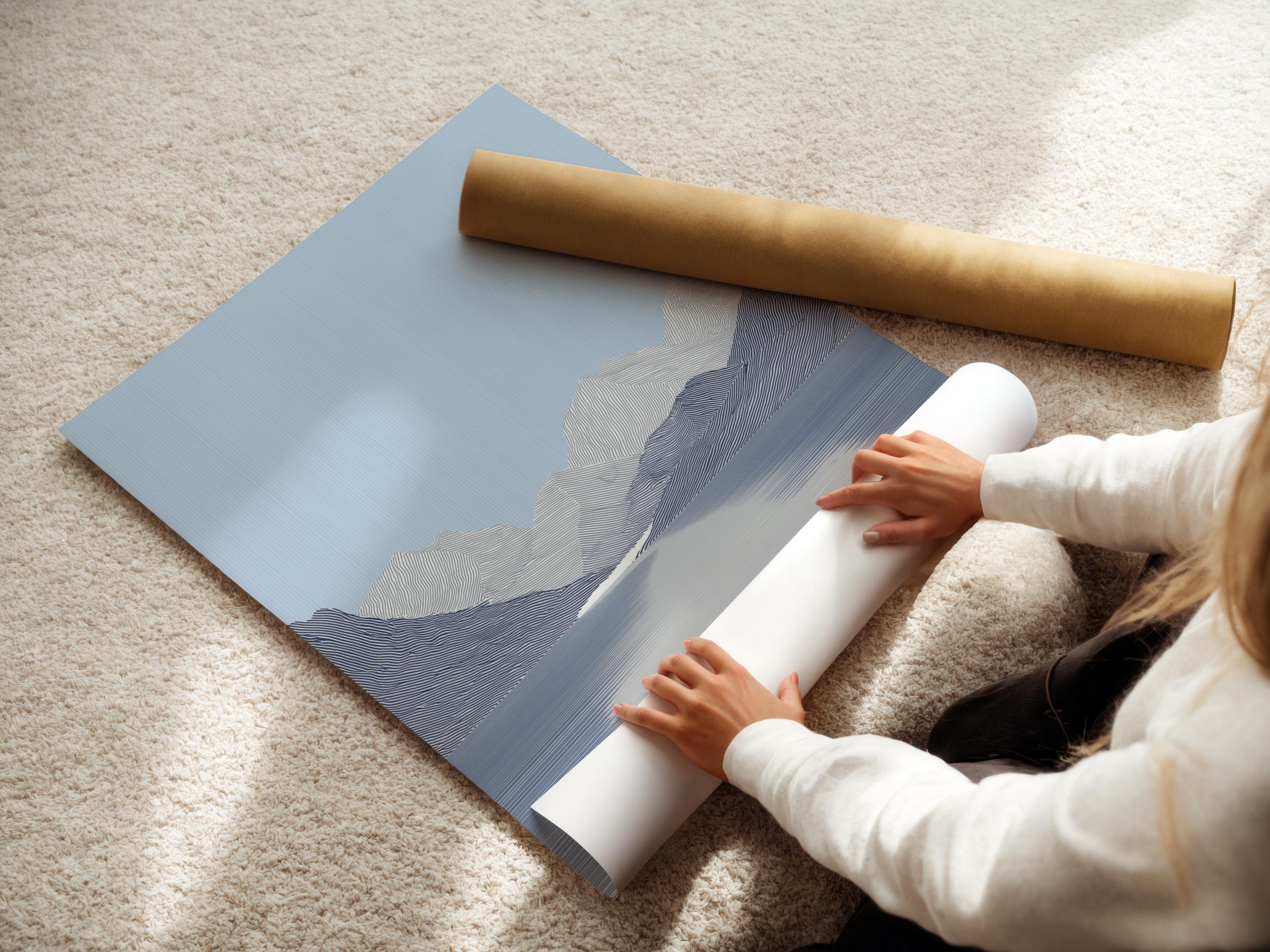 Minimalist light blue mountain landscape with layered contour lines and reflective water detail view