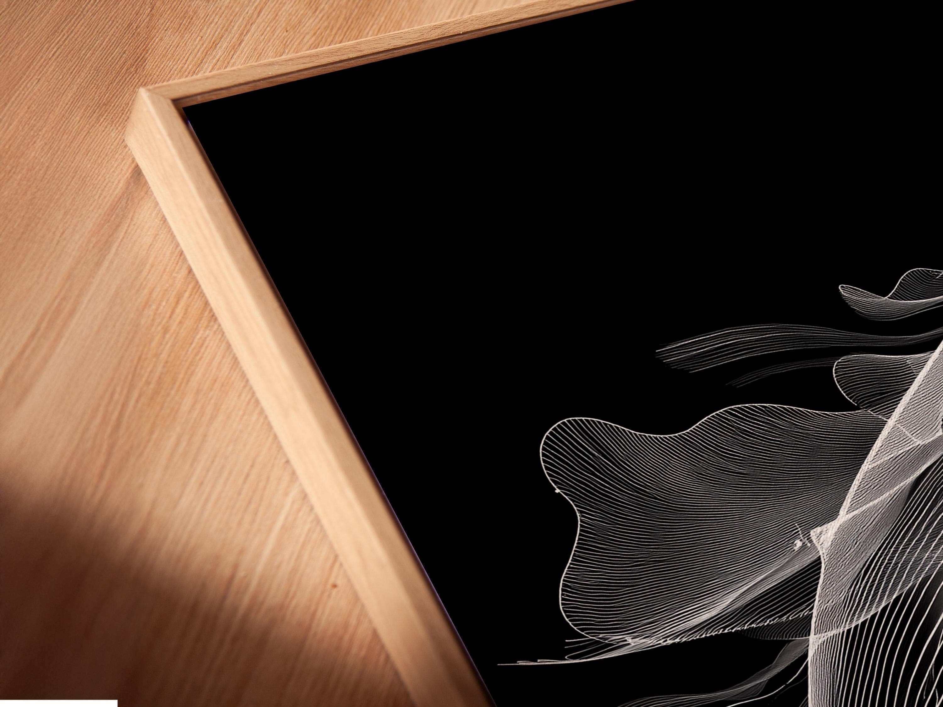 White line-art whale illustration on a dark black background detail view