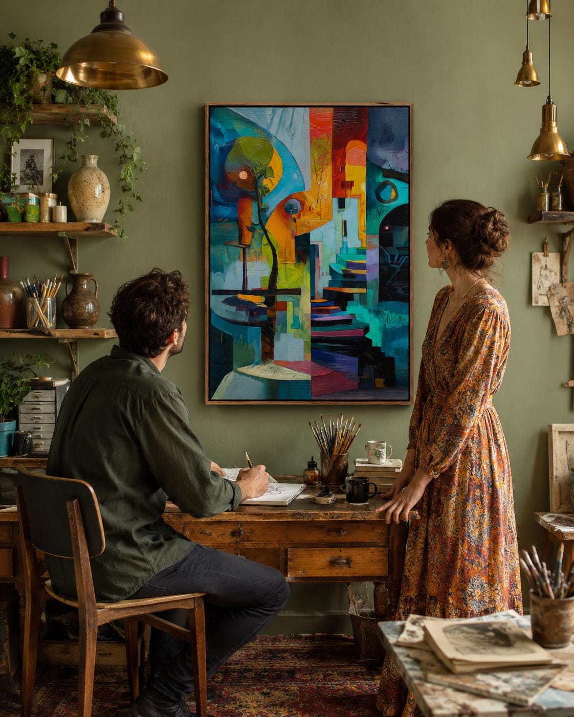 Person in yellow holding a cup standing beside a framed abstract geometric artwork