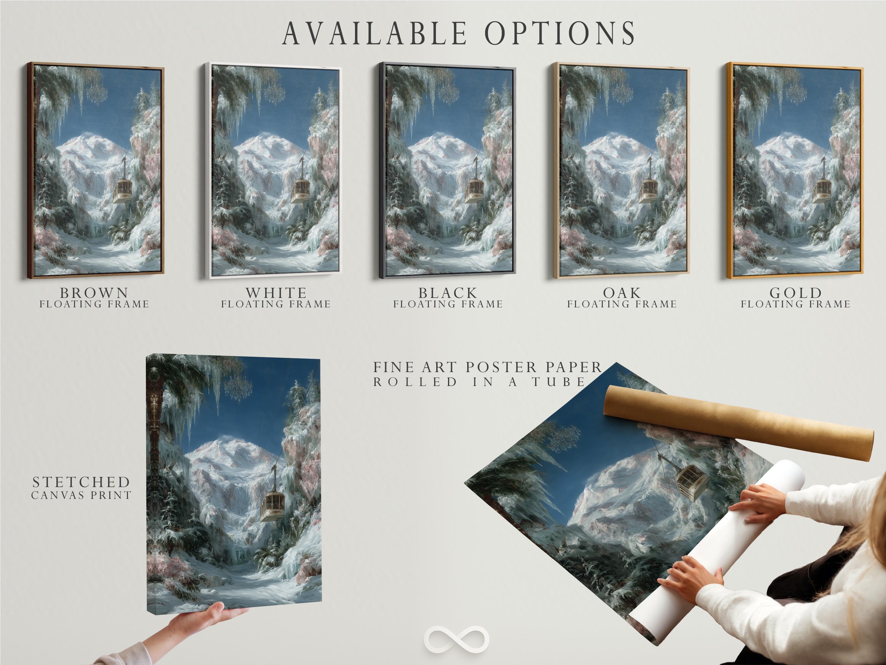 Wall mockup showing a framed snowy mountain cable car artwork on a light background
