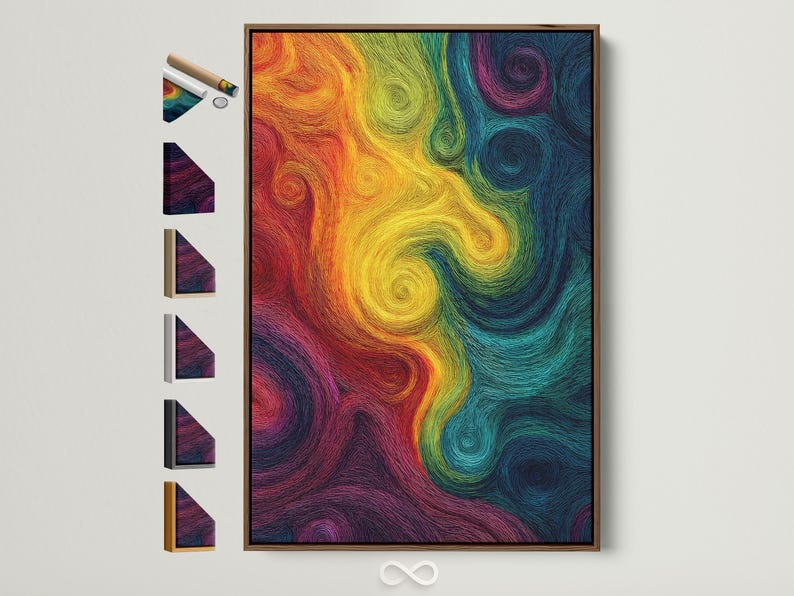 Rainbow abstract artwork with concentric swirling line patterns and a psychedelic spiral design