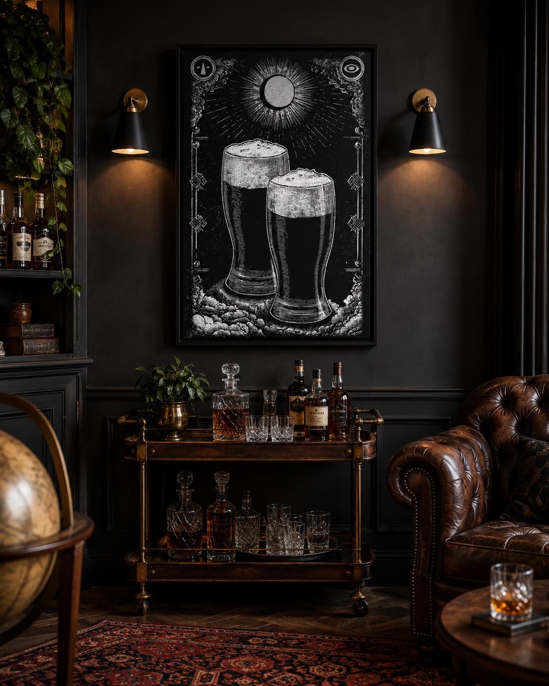 Person holding a framed black-and-white beer mug illustration in a workshop-style bar setting