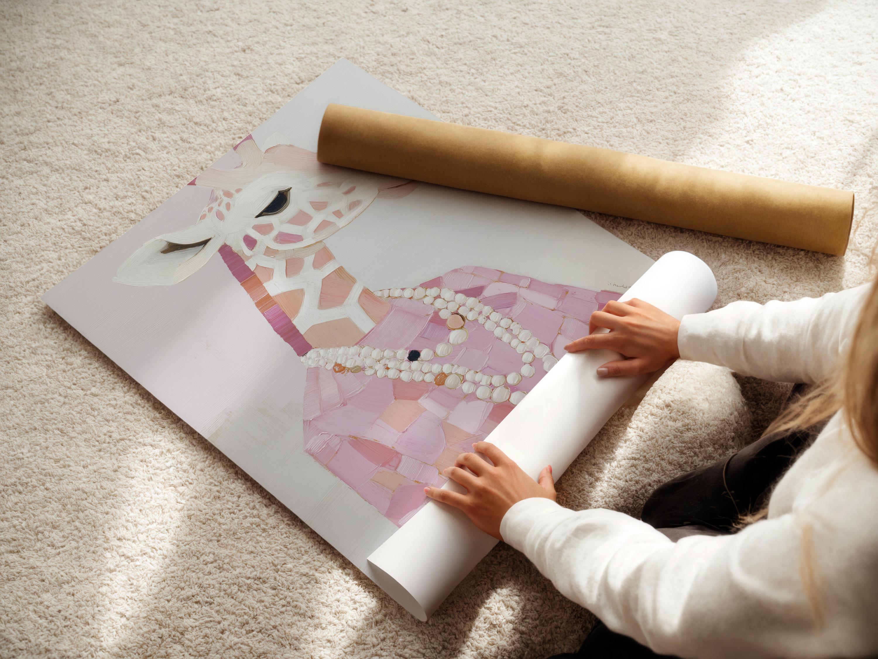 A stylised pink giraffe portrait is shown in a painterly, patchwork-like design with a pearl-like necklace, set against a pale background detail view
