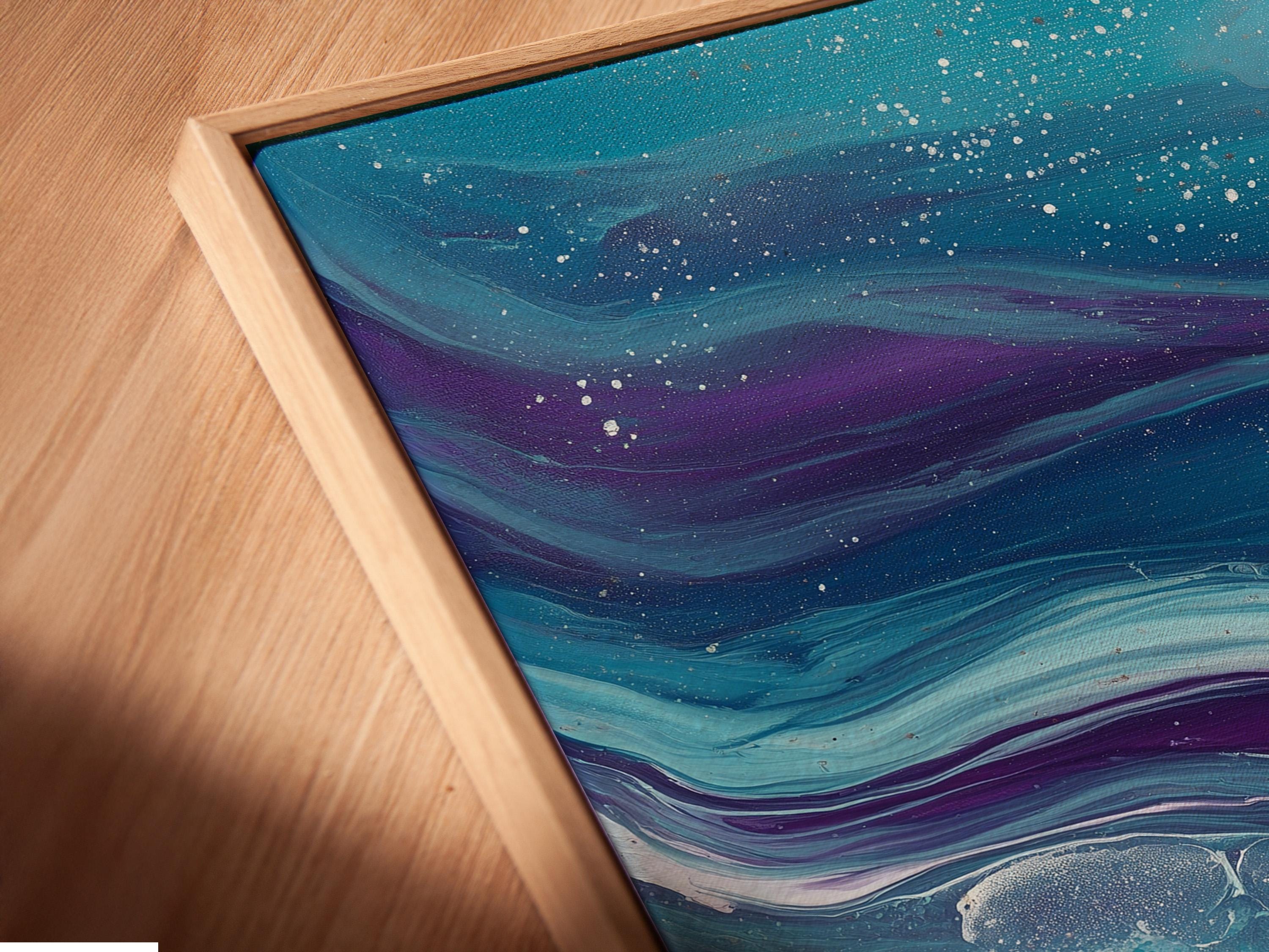 Fluid abstract ocean waves in teal and purple with bubble-like foam highlights detail view