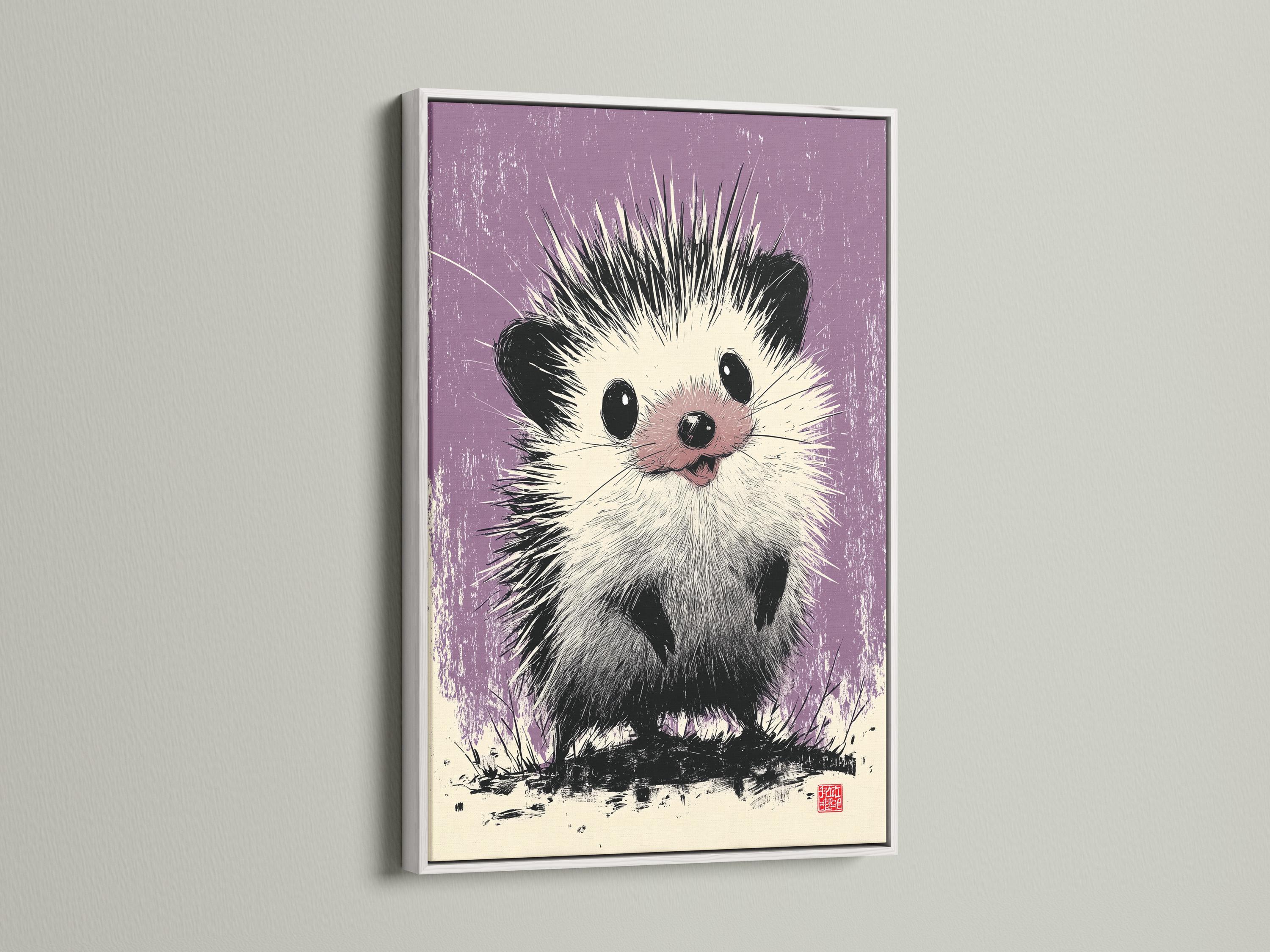 Hedgehog illustration in black and white on a textured lilac-purple background detail view