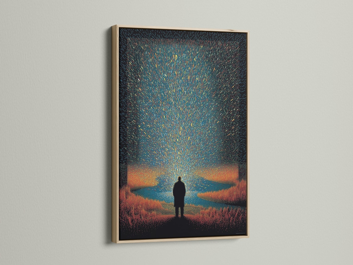 Moody teal and burnt-orange night scene with a silhouetted figure beneath a starburst glow detail view