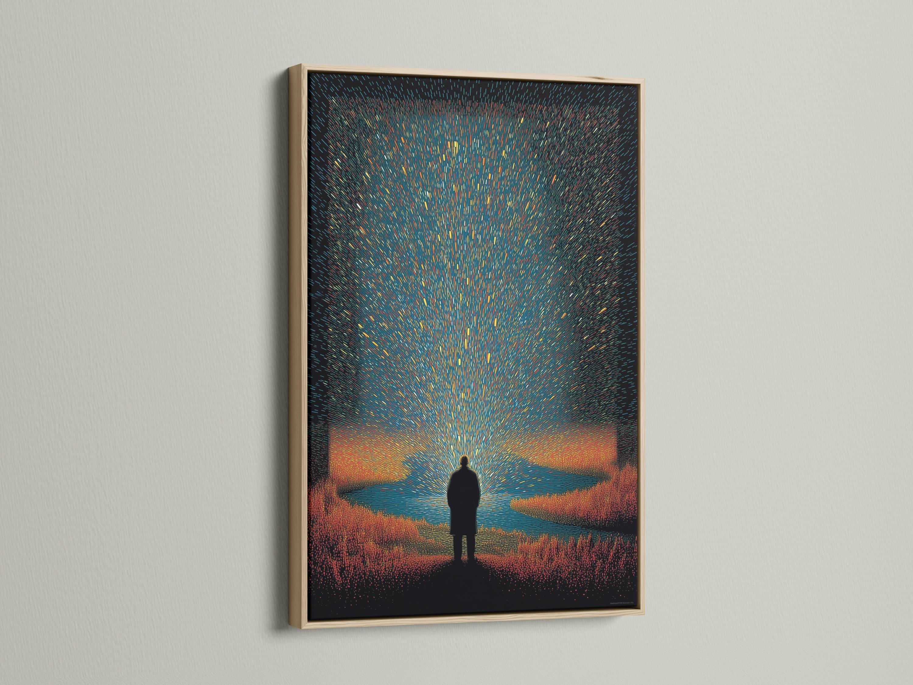 Moody teal and burnt-orange night scene with a silhouetted figure beneath a starburst glow detail view