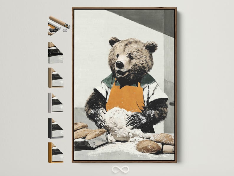 Bear baker artwork with an orange apron, green clothing, and dough on a table