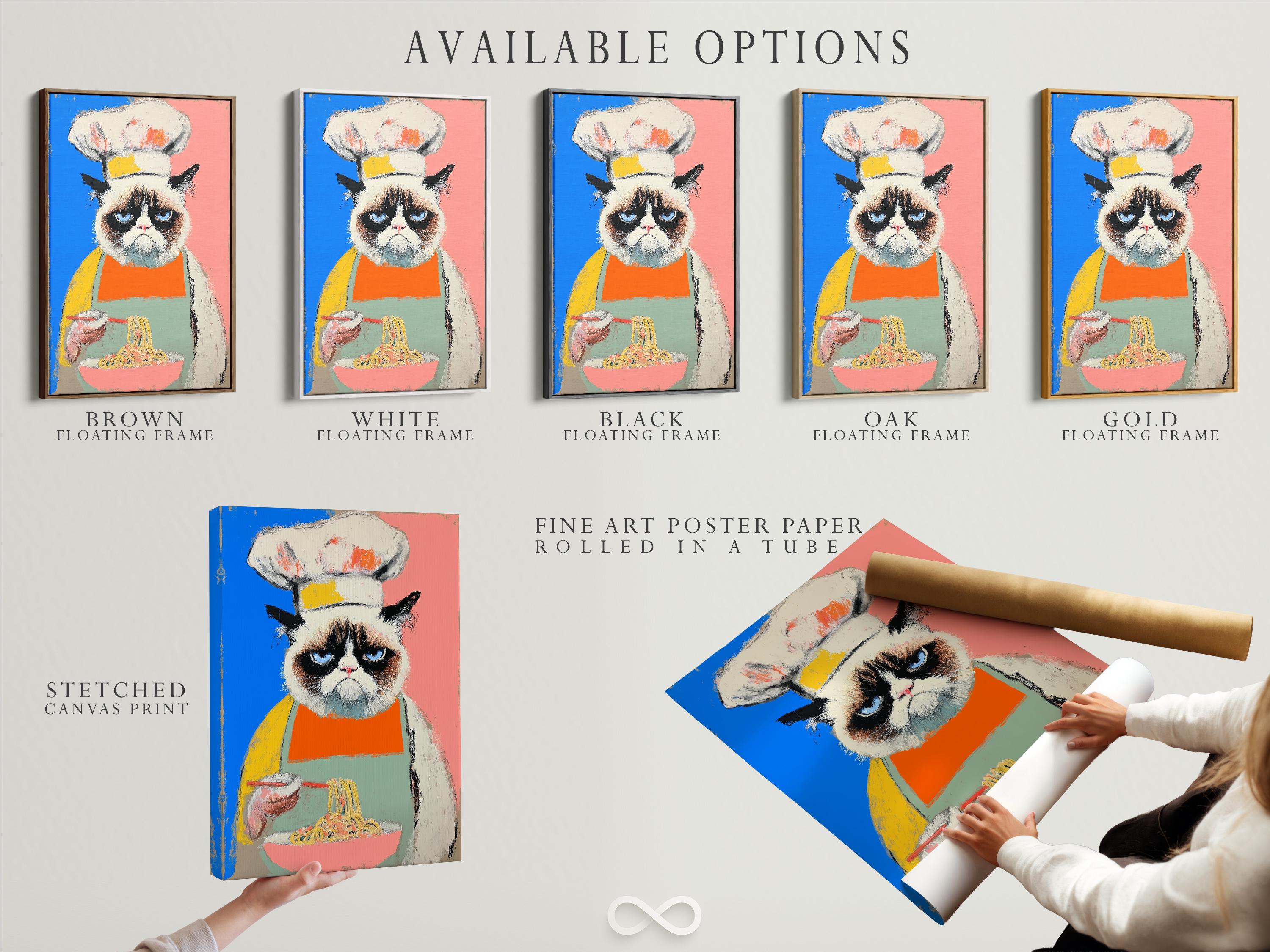 Grumpy cat chef pop art portrait with blue and pink background and a noodle bowl detail view