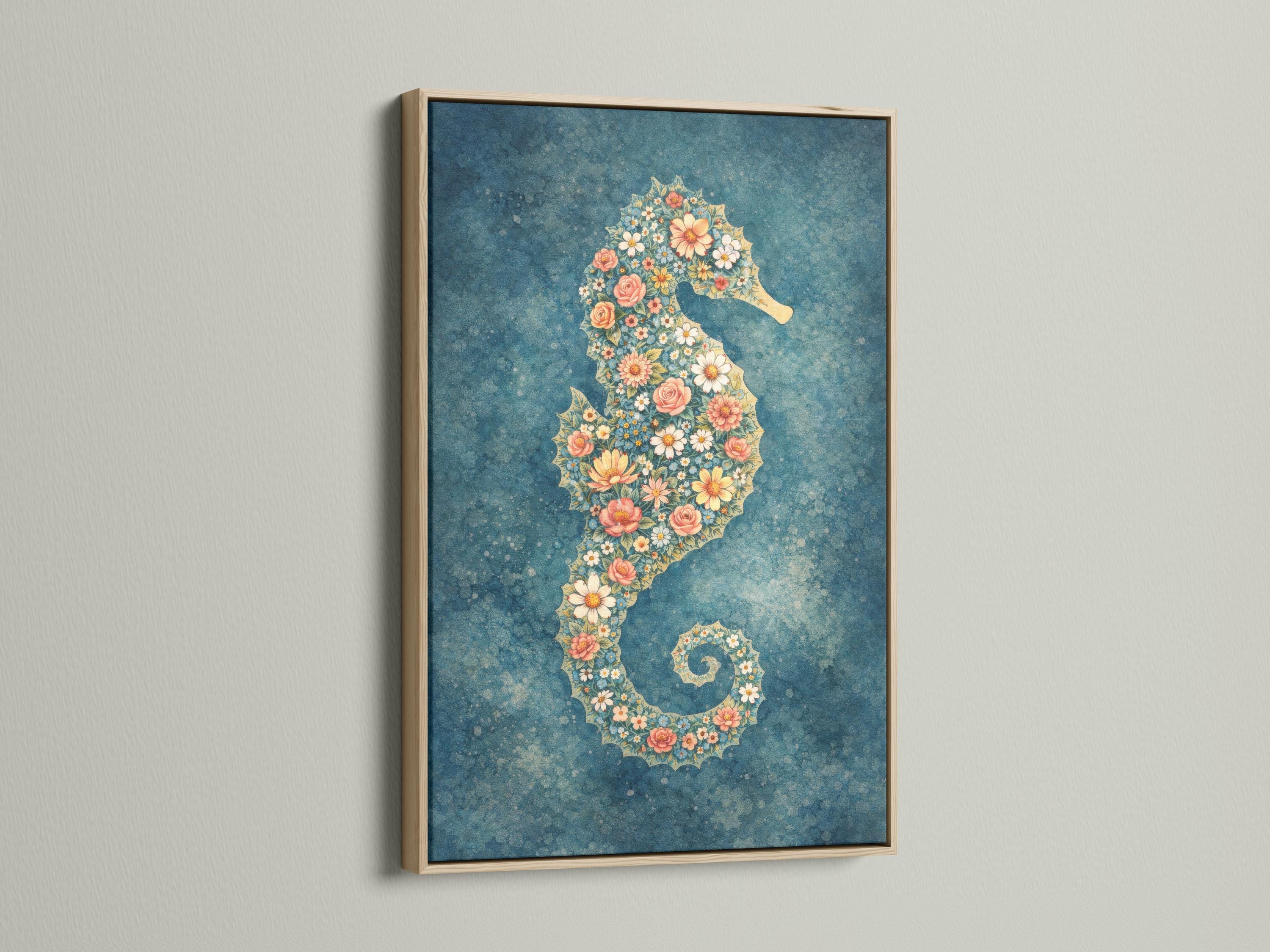Room mockup showing a framed floral seahorse artwork above a sofa
