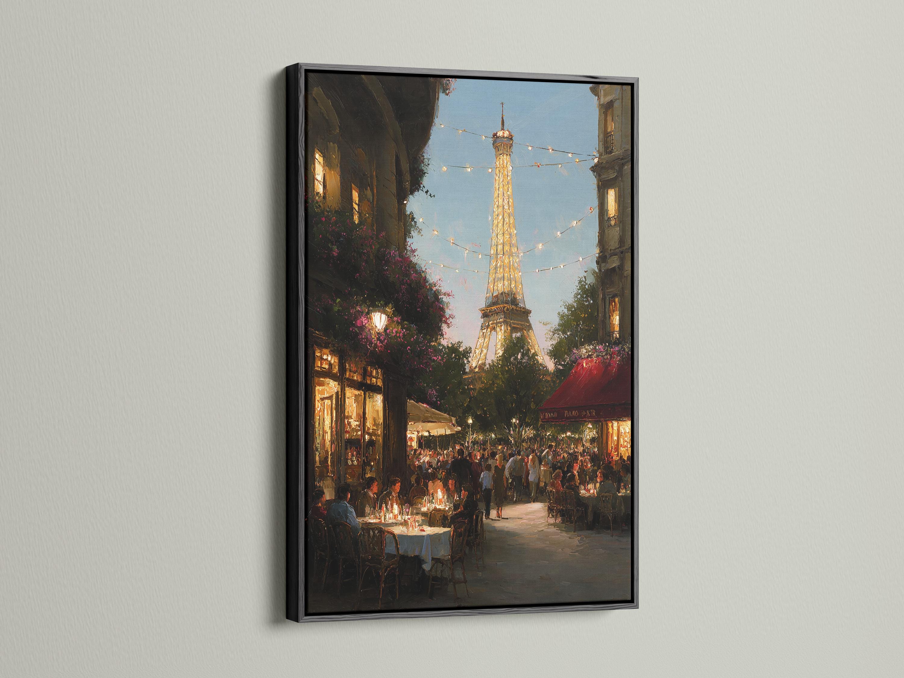 Painterly Paris street scene with the illuminated Eiffel Tower and warm string lights detail view