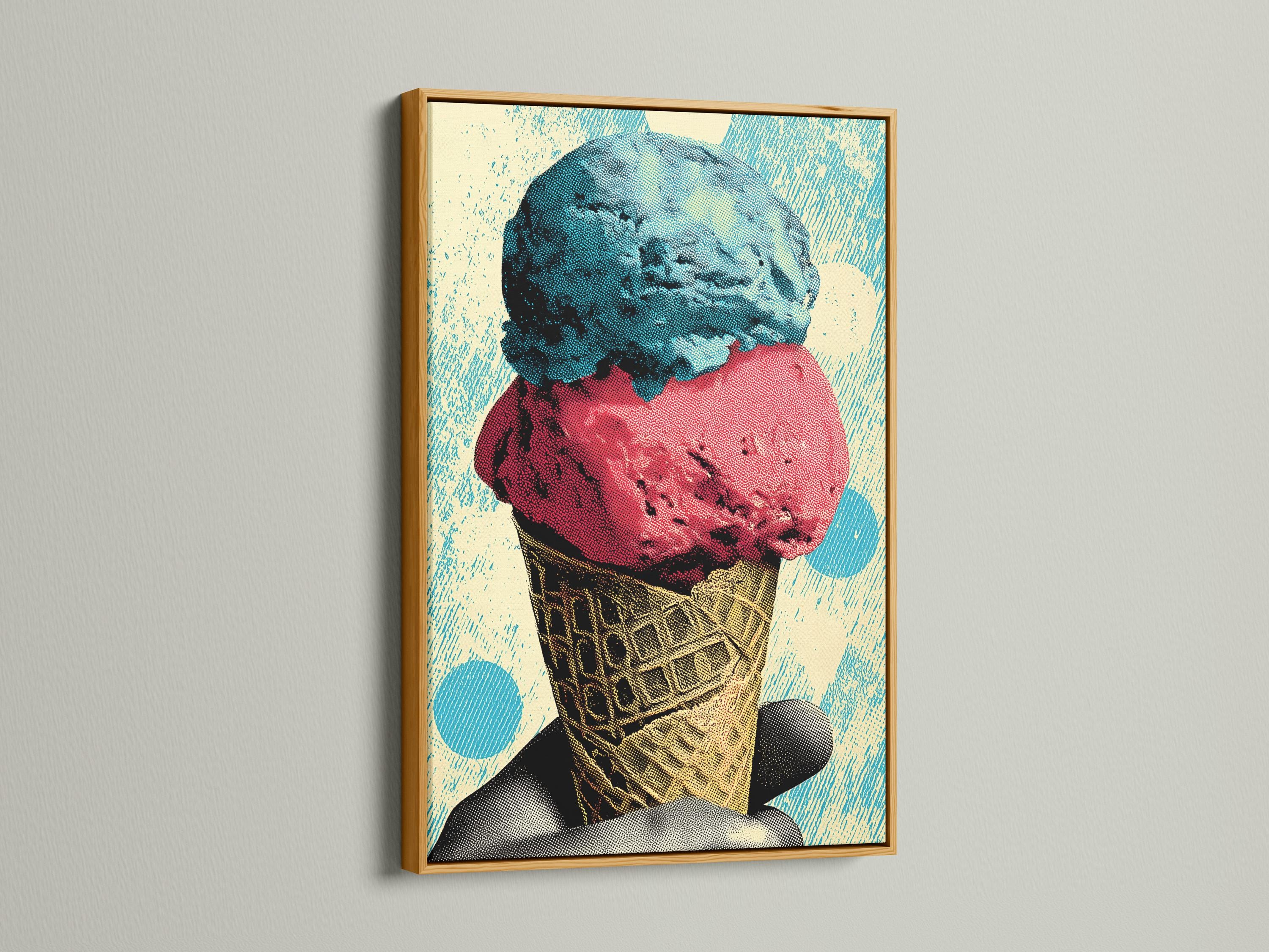 Pop-art ice cream cone illustration with turquoise and coral scoops and a patterned cone detail view
