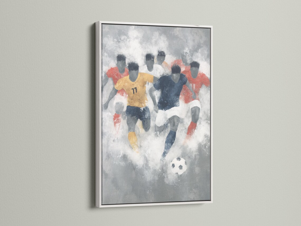 Abstract football scene with stylised players in red and navy and a small black-and-white football detail view
