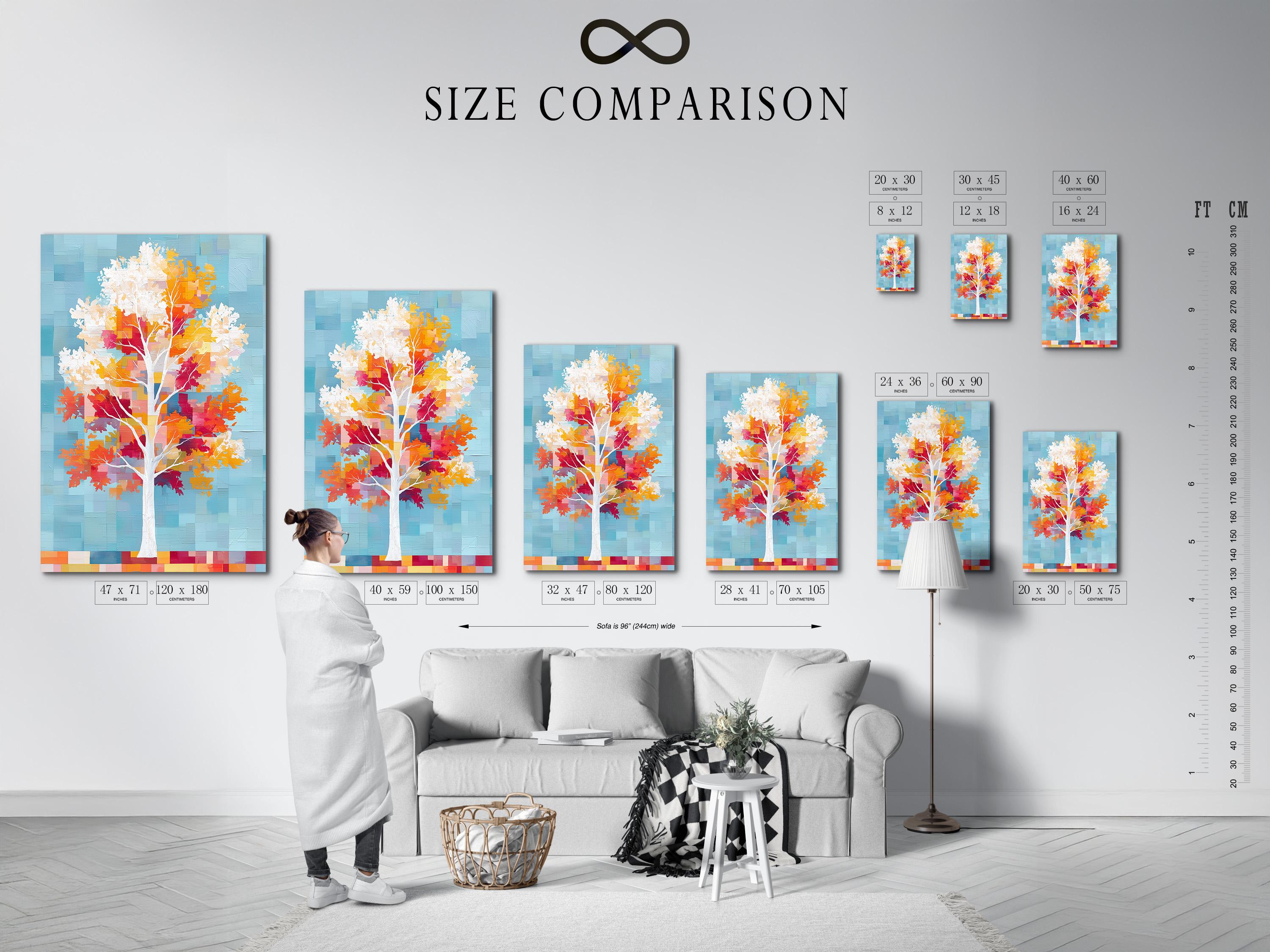 Stylised tree with white trunk, colourful autumn leaf blocks, and cool blue pixel background detail view