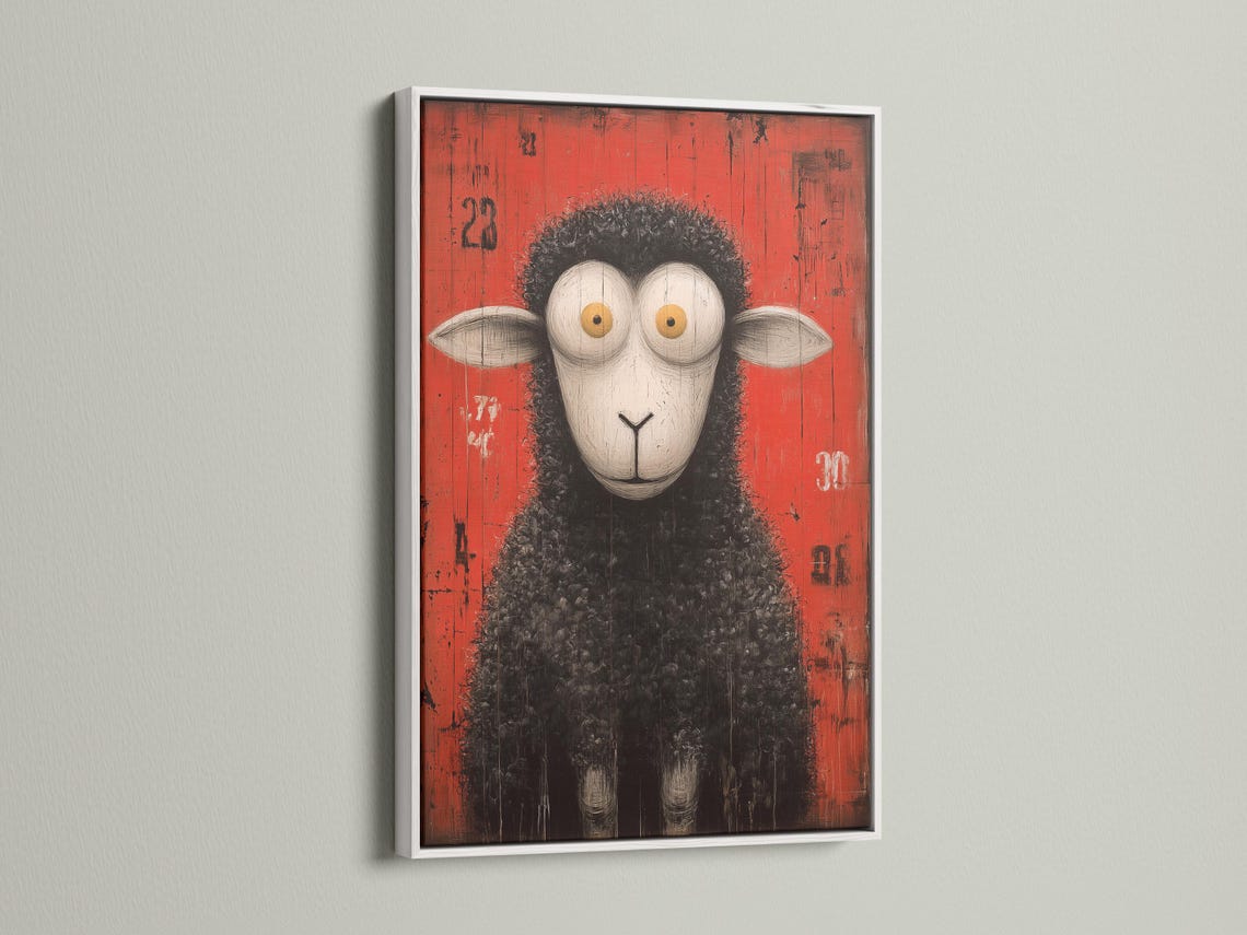 Sheep wall art in a framed portrait view on a light wall mockup