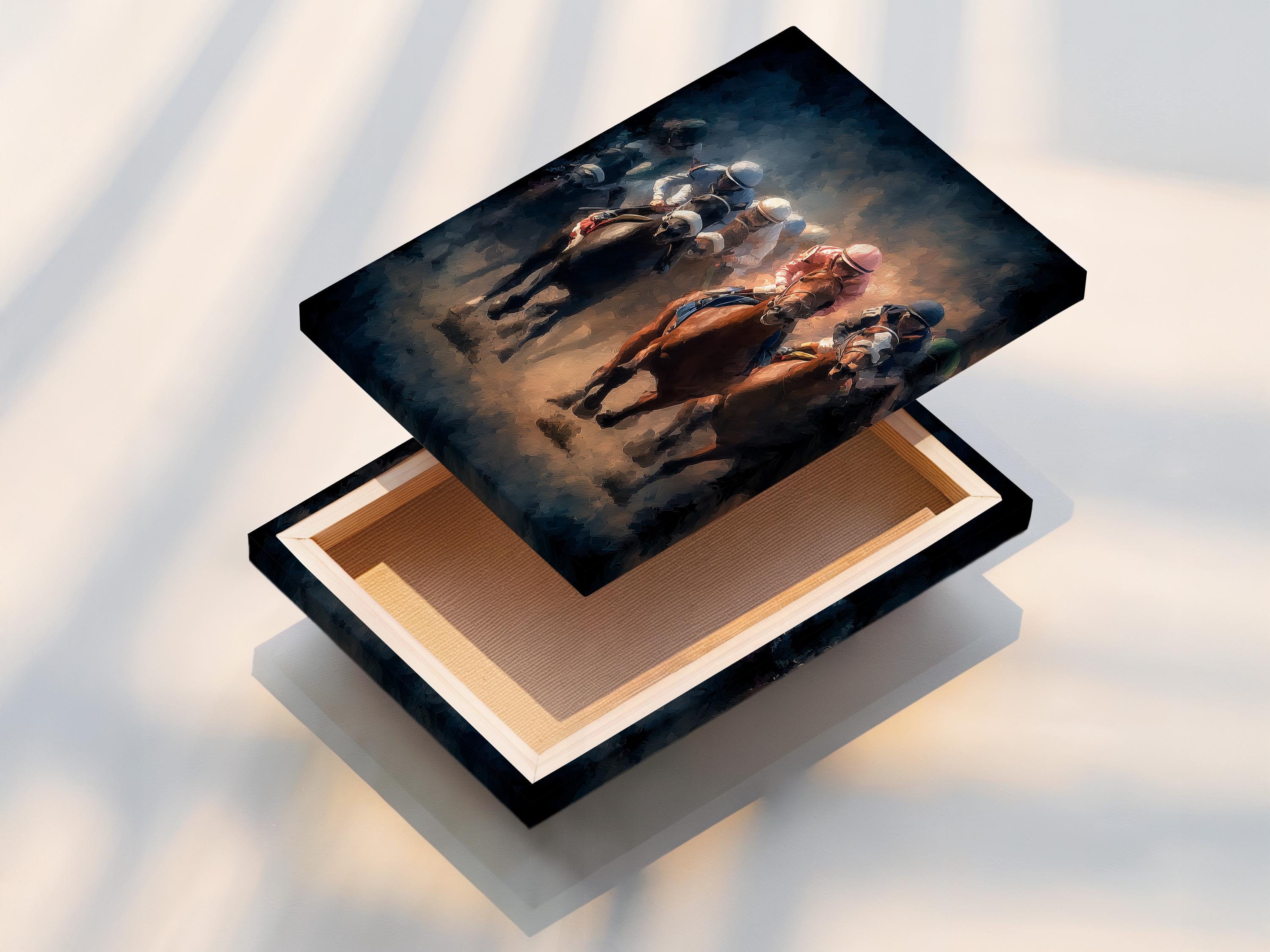 Horse racing artwork showing jockeys riding racehorses in smoky blue haze with warm orange highlights detail view