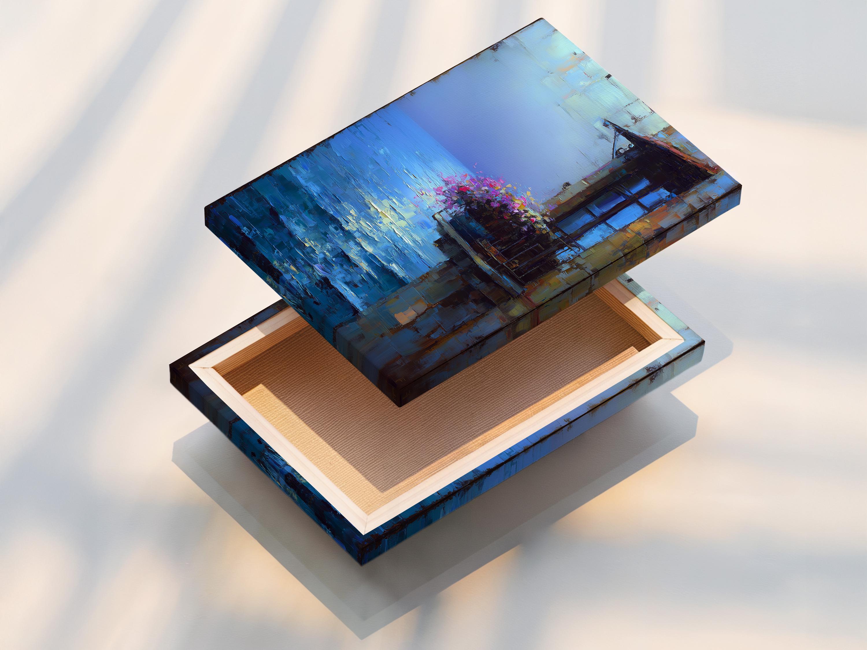 Room mockup showing a framed blue seascape artwork with pink flowers