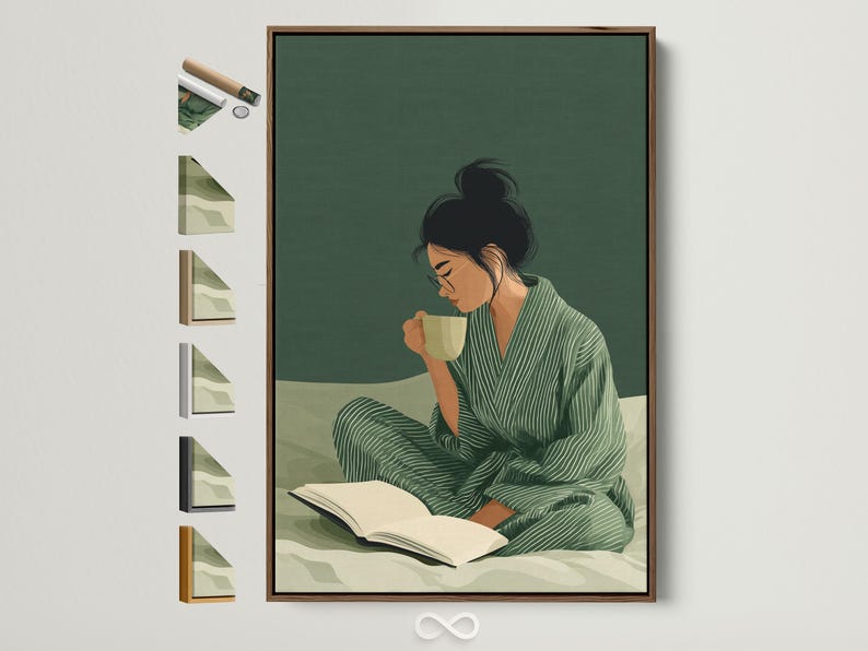 Stylised woman reading an open book with a cup, in muted sage green and cream tones