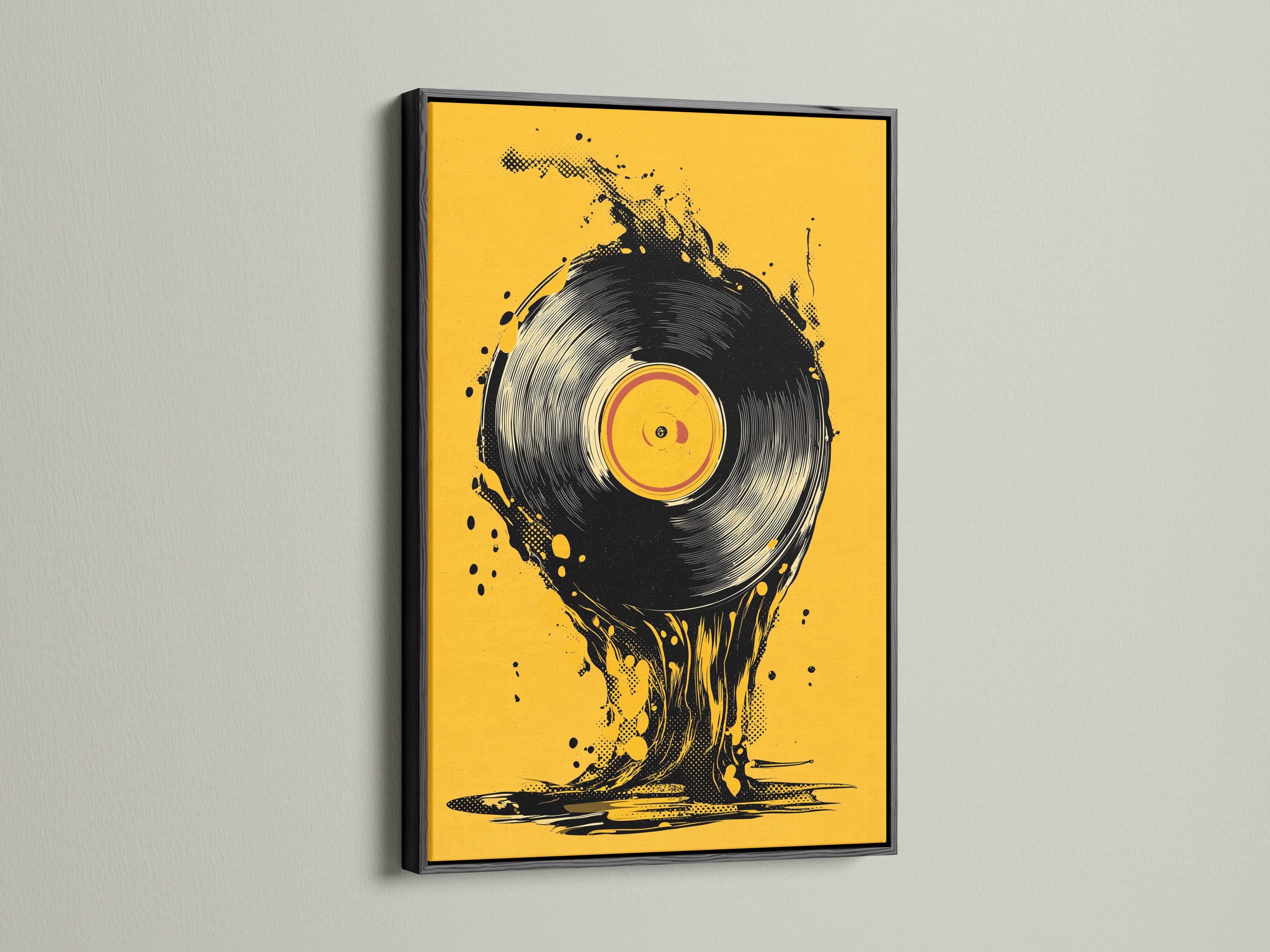 A man wearing headphones beside a music setup with a vinyl record artwork on a wall
