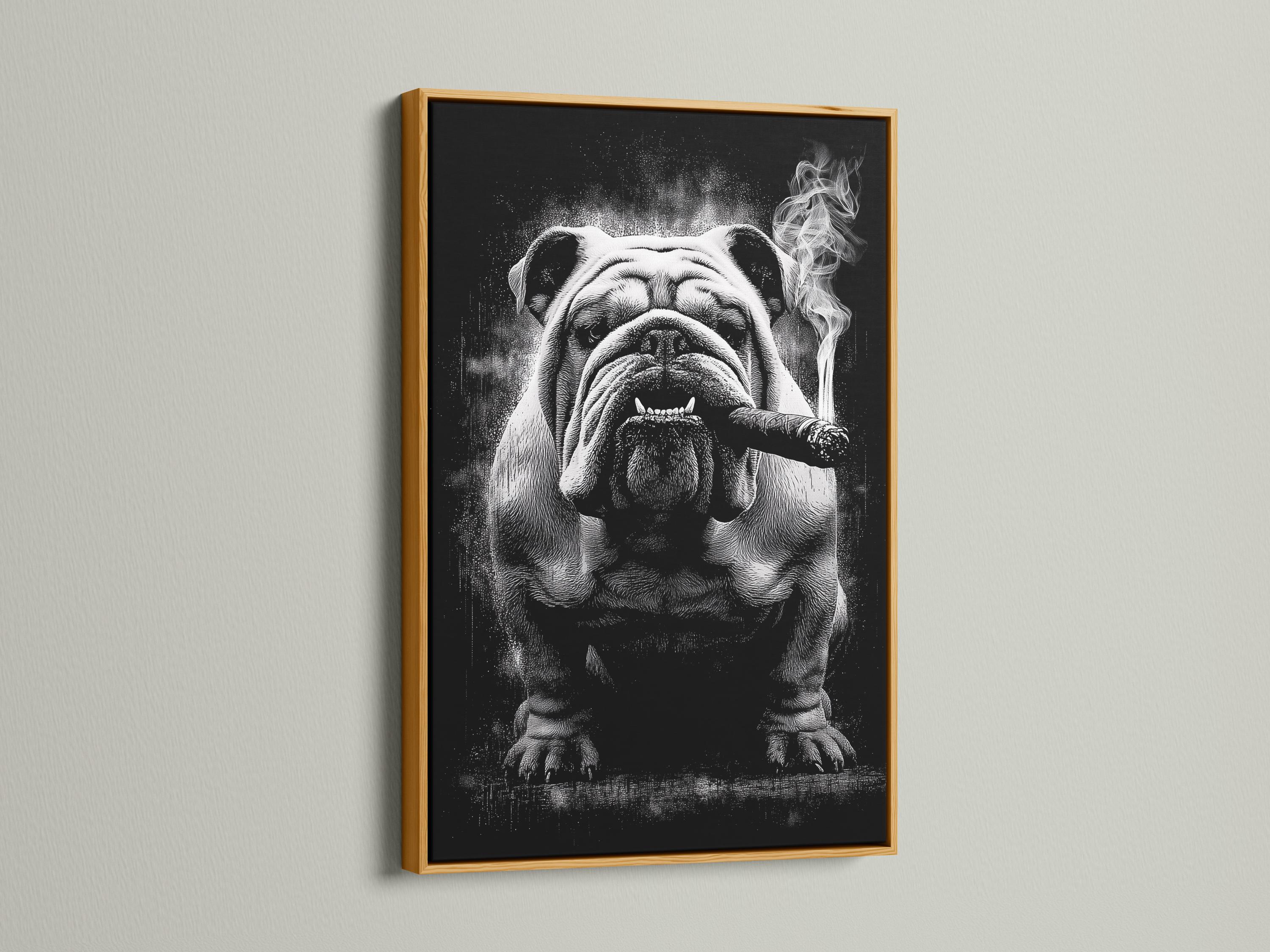 Monochrome bulldog portrait with a cigar and swirling smoke against a dark background detail view