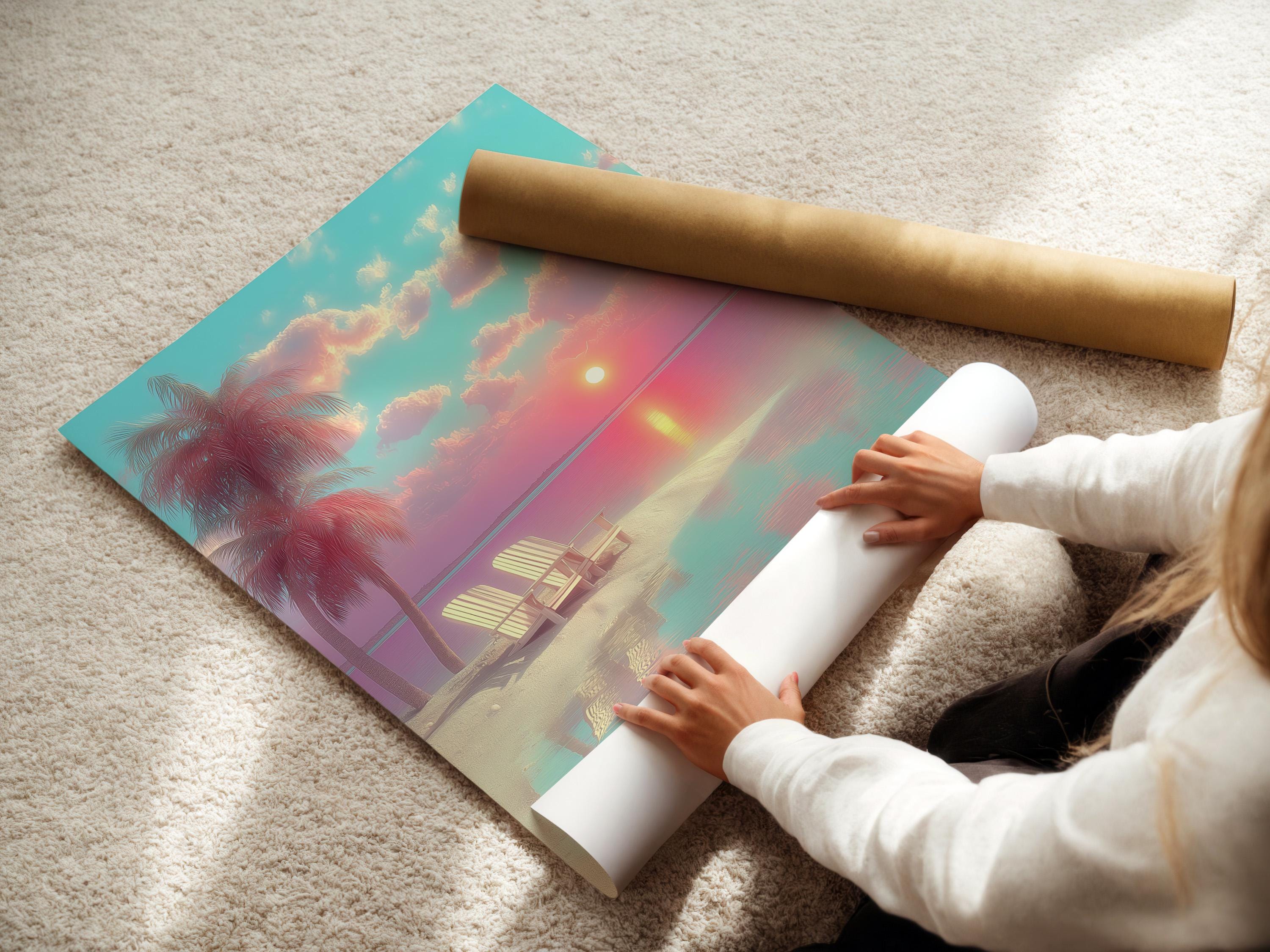 Room mockup showing beach sunset artwork in a framed seascape design