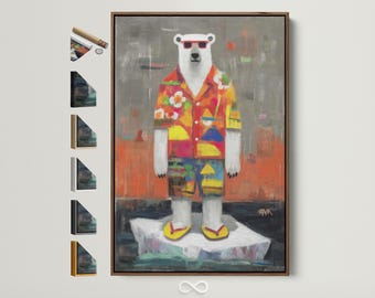 Tropical Polar Bear Canvas Print - Cool Animal Wall Art, Sunglasses Bear Painting for Kids Room Decor, Boutique Decor, Playful Man Cave Art