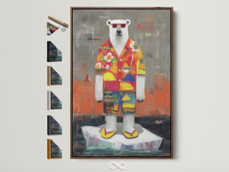 Stylised polar bear wearing red sunglasses and a colourful tropical shirt against a grey background