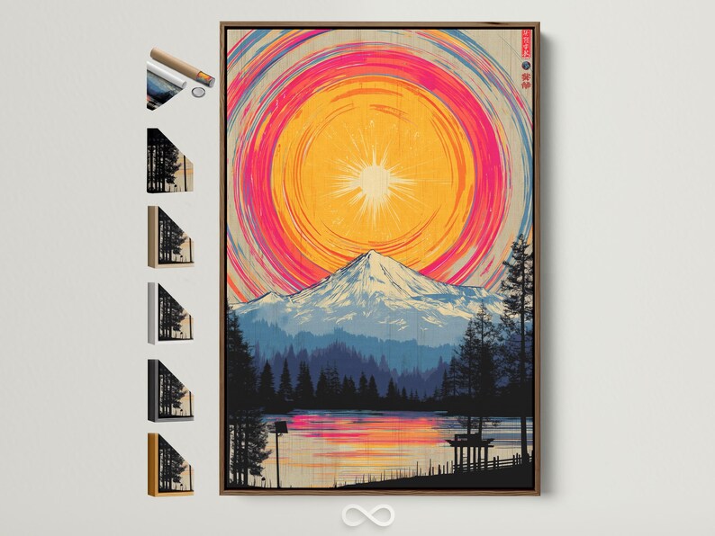 Stylised mountain landscape with a circular pink-orange sunrise and arc bands above forest silhouettes