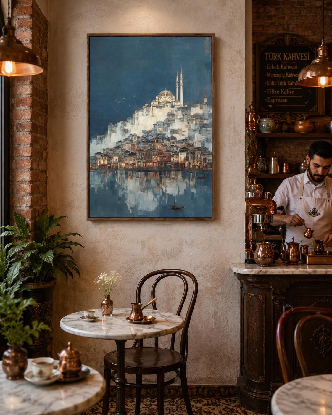 Room mockup with a framed blue cityscape mosque artwork on a wall