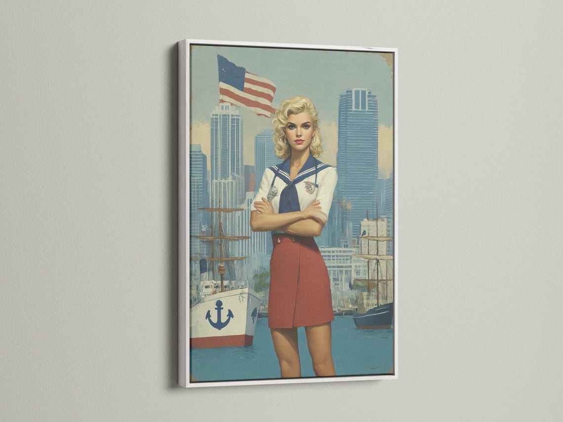 Stylised sailor-girl portrait with a waving American flag and harbour city background detail view