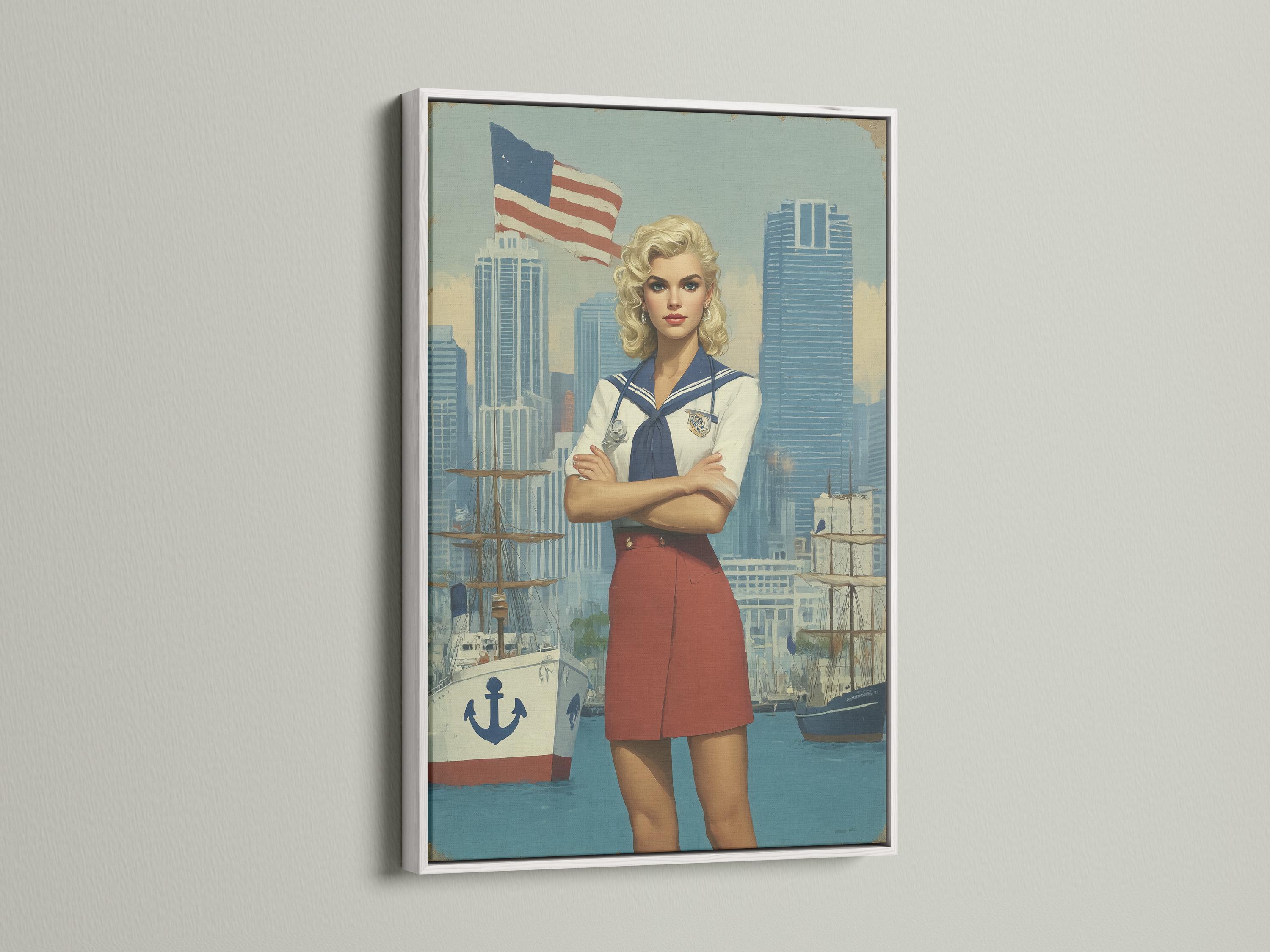 Stylised sailor-girl portrait with a waving American flag and harbour city background detail view