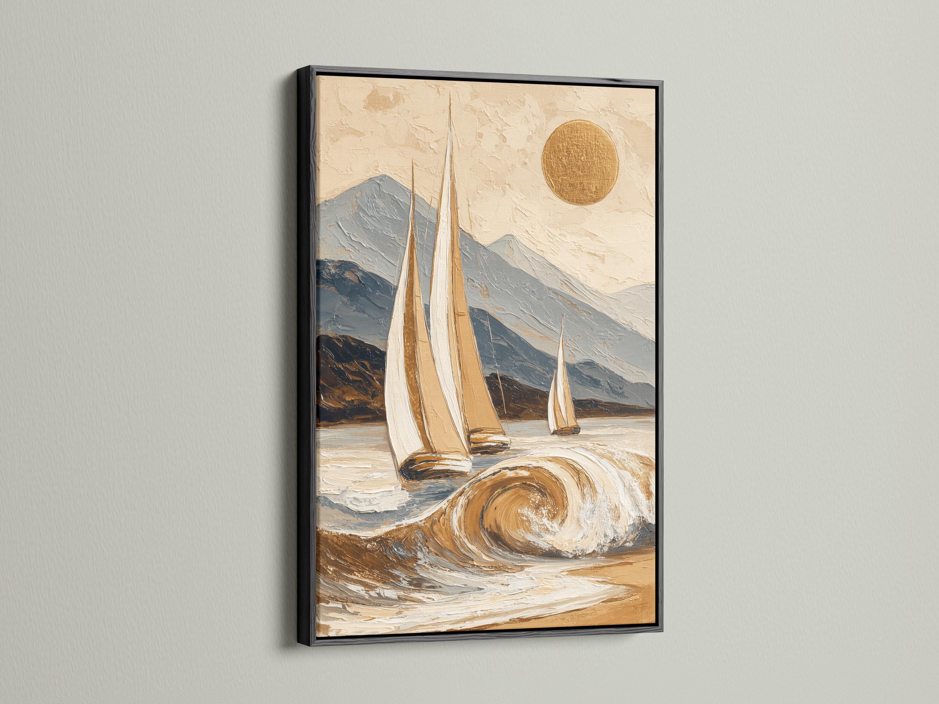Painterly sailboat seascape with swirling waves, mountains and a gold sun detail view