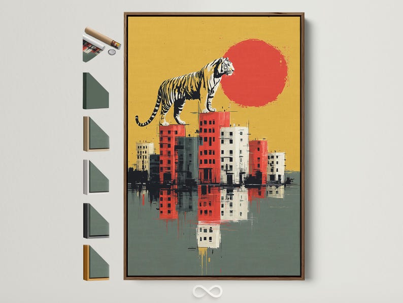 Stylised tiger standing above a blocky cityscape with mirrored reflections in ochre and red