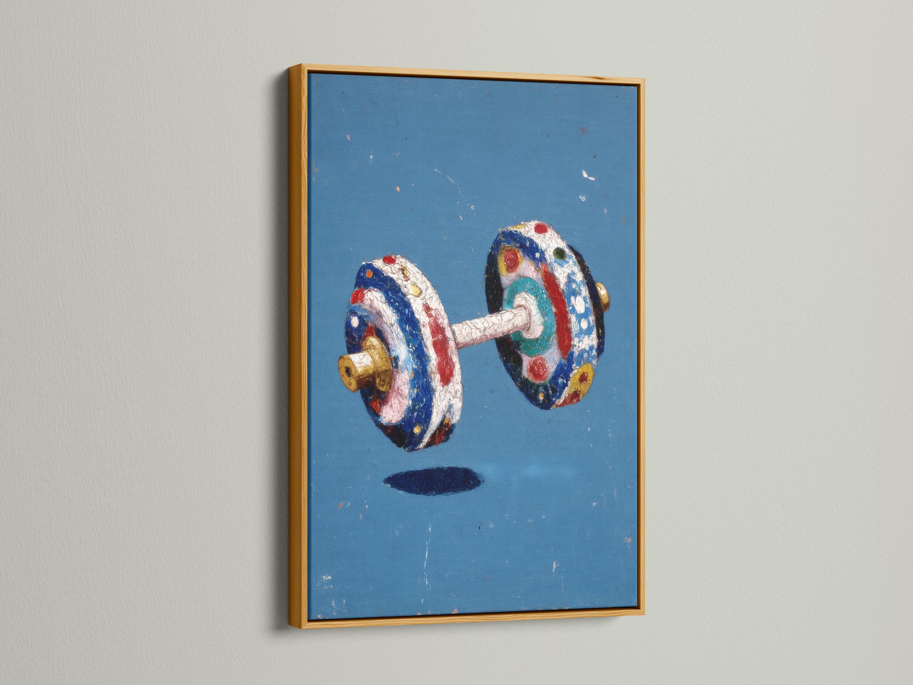 Stylised dumbbell weights illustration on a distressed blue background with red, white and gold accents detail view