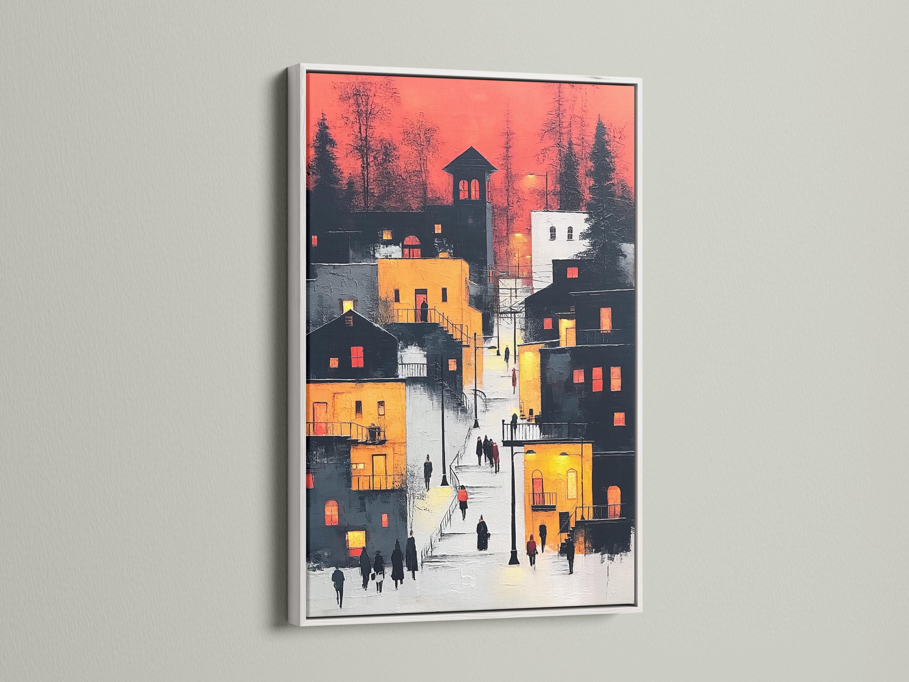 Painterly urban street scene with red sky, grey buildings, warm amber highlights and small walking figures detail view