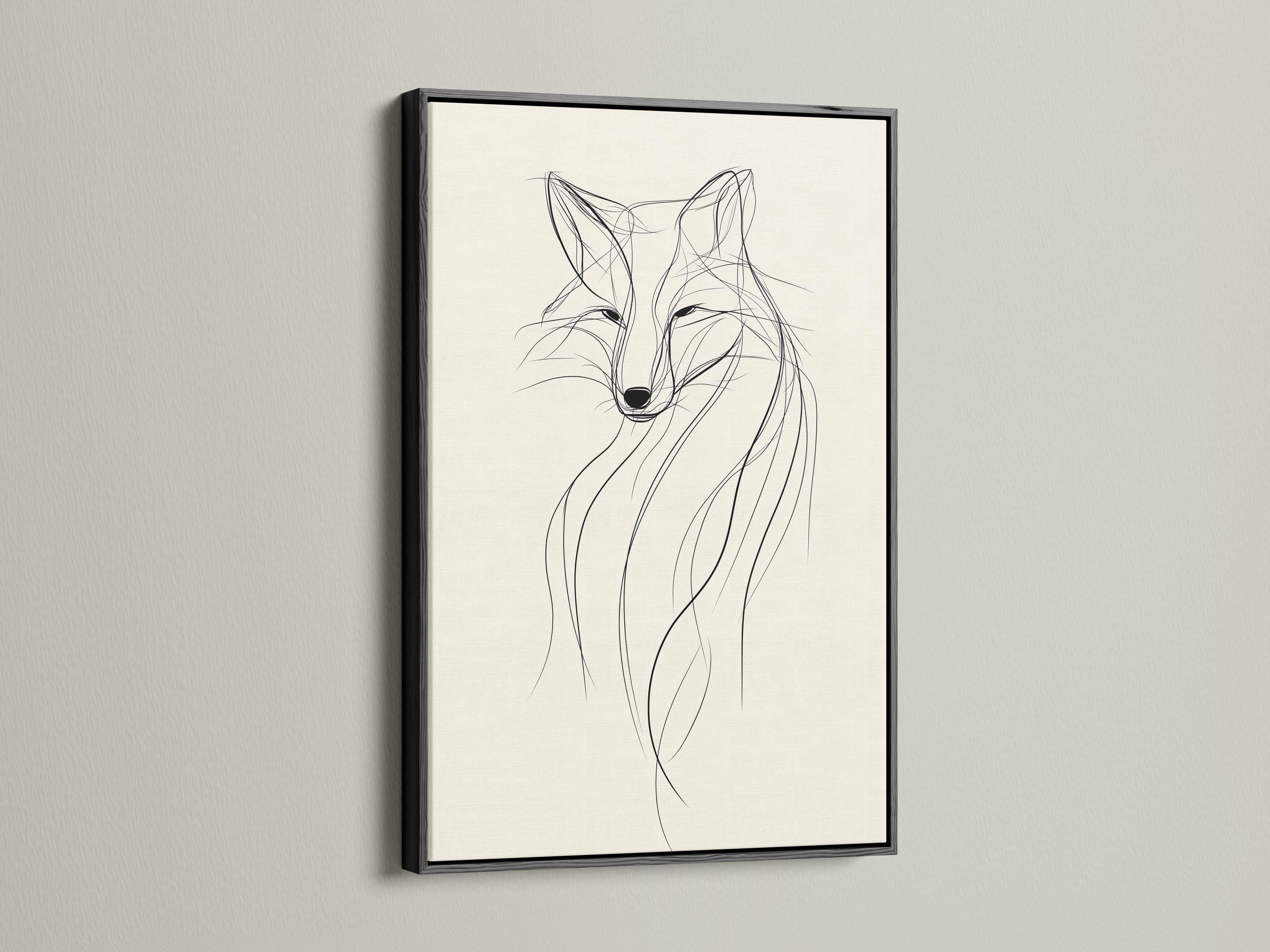 Minimalist fox line drawing in black on a warm beige background detail view