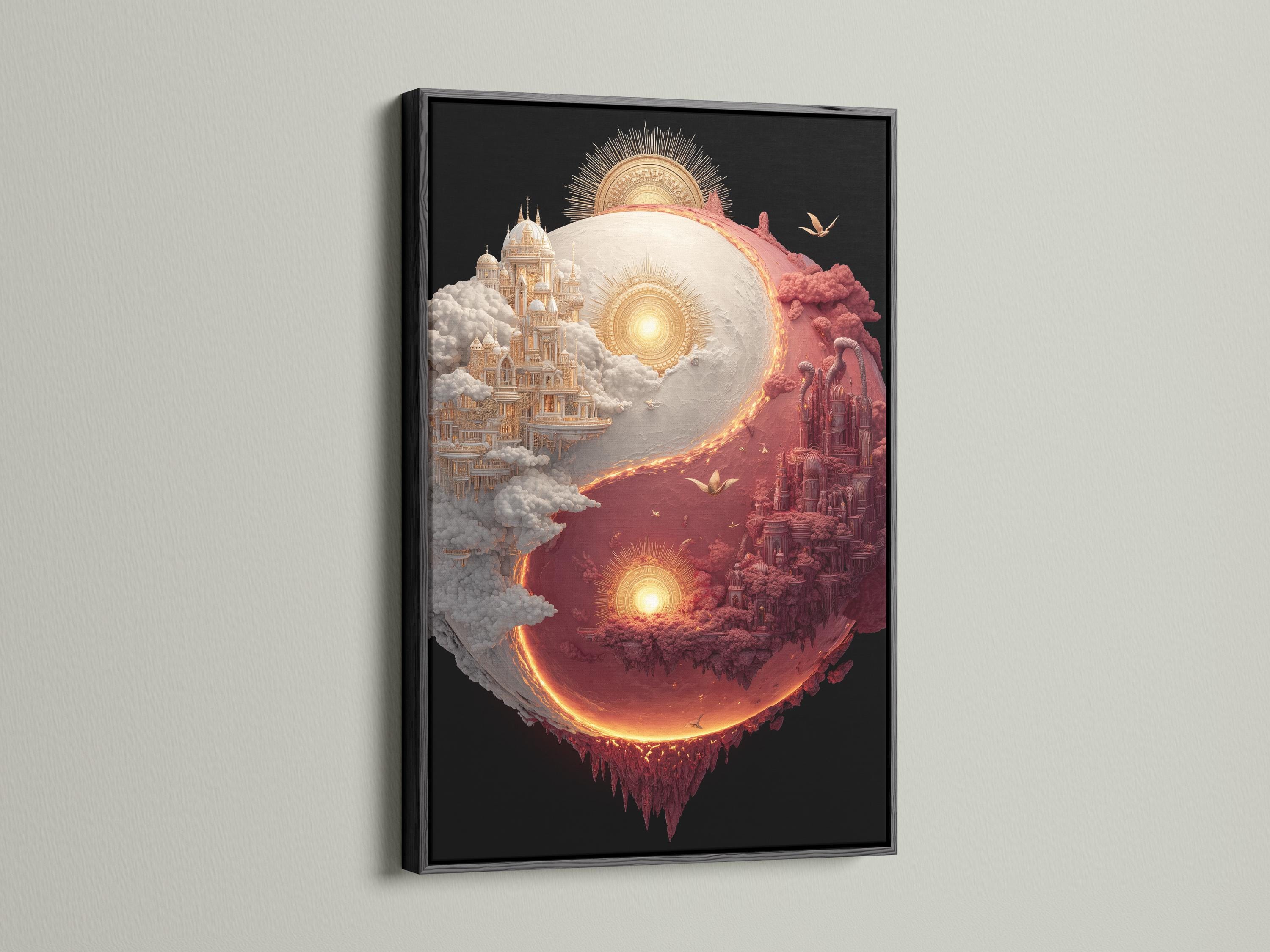 Yin-yang celestial cityscape with coral and ivory clouds, glowing orbs, and birds in flight detail view