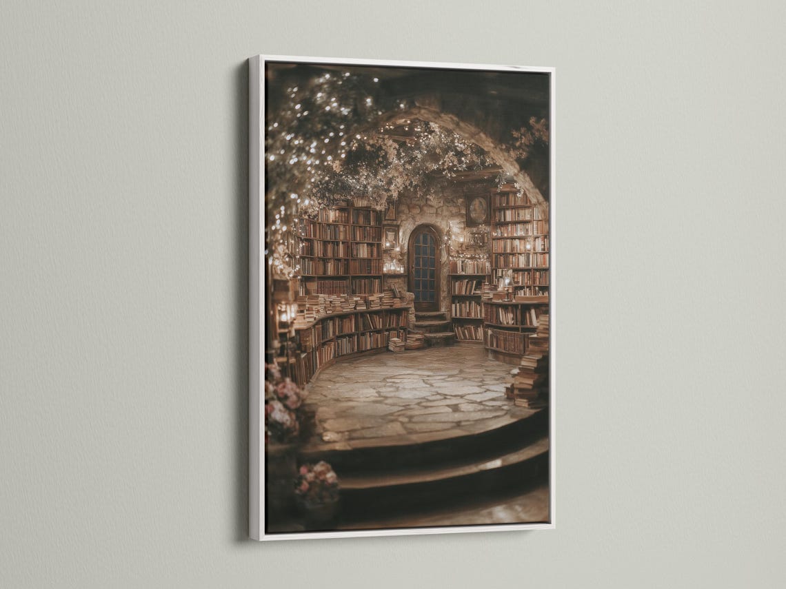 Portrait view of a warmly lit vintage library interior with bookcases and golden sparkles detail view