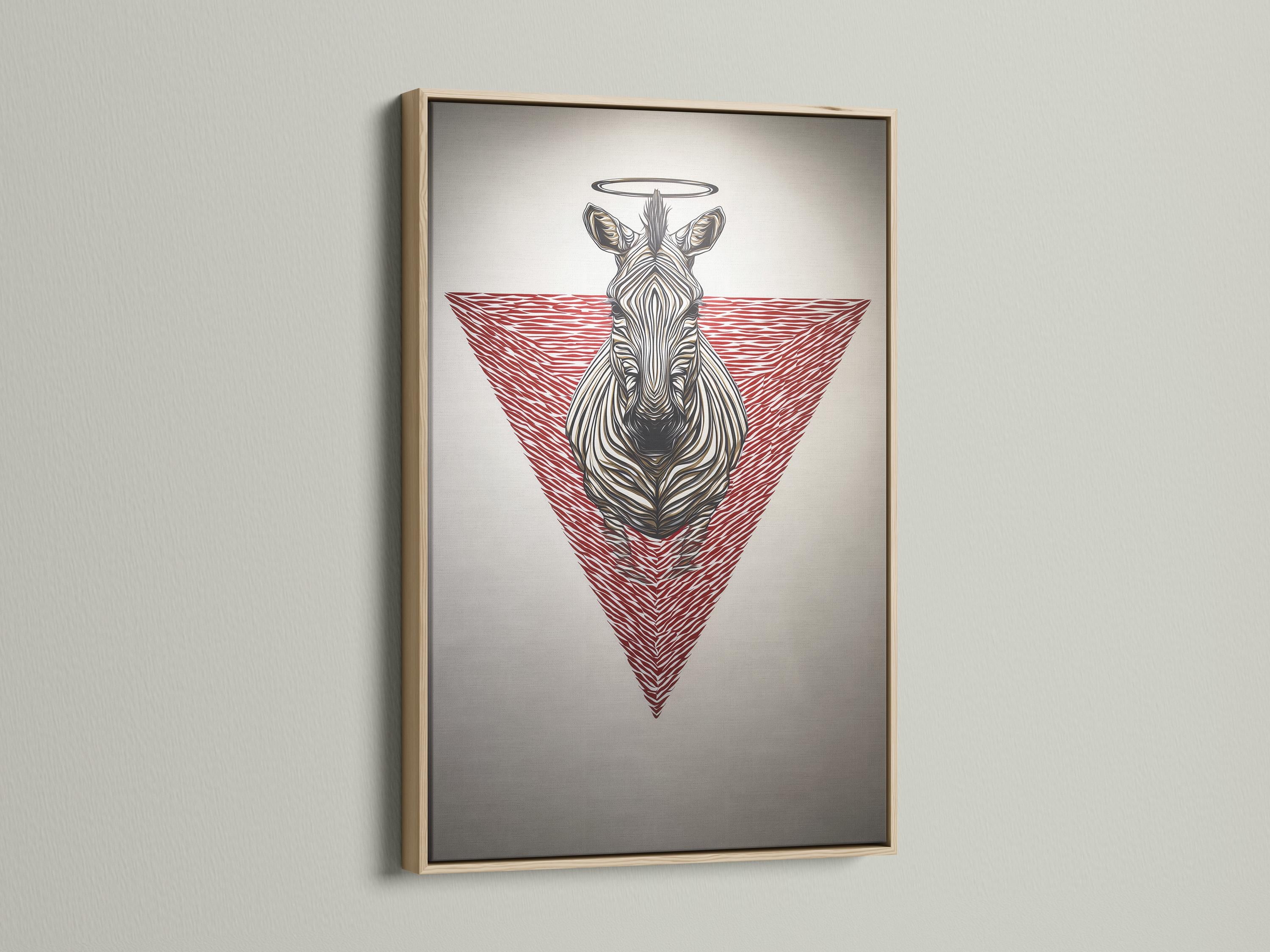 Wall mockup showing a framed zebra artwork with a red striped triangle and halo ring