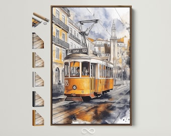 Vintage Lisbon Tram Canvas Print - Portugal Cityscape Wall Art, Yellow Streetcar Travel Poster, European Urban Artwork for Living Room