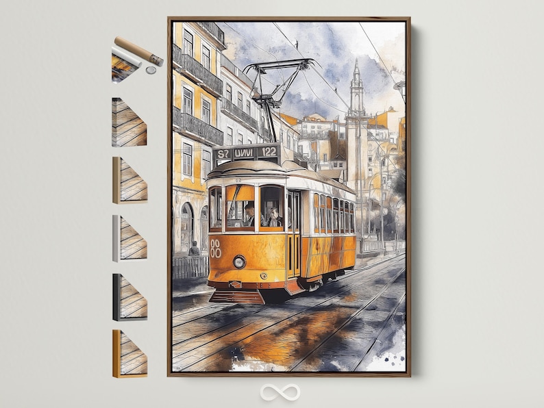 Painterly yellow tram on tracks beside city buildings with overhead cables