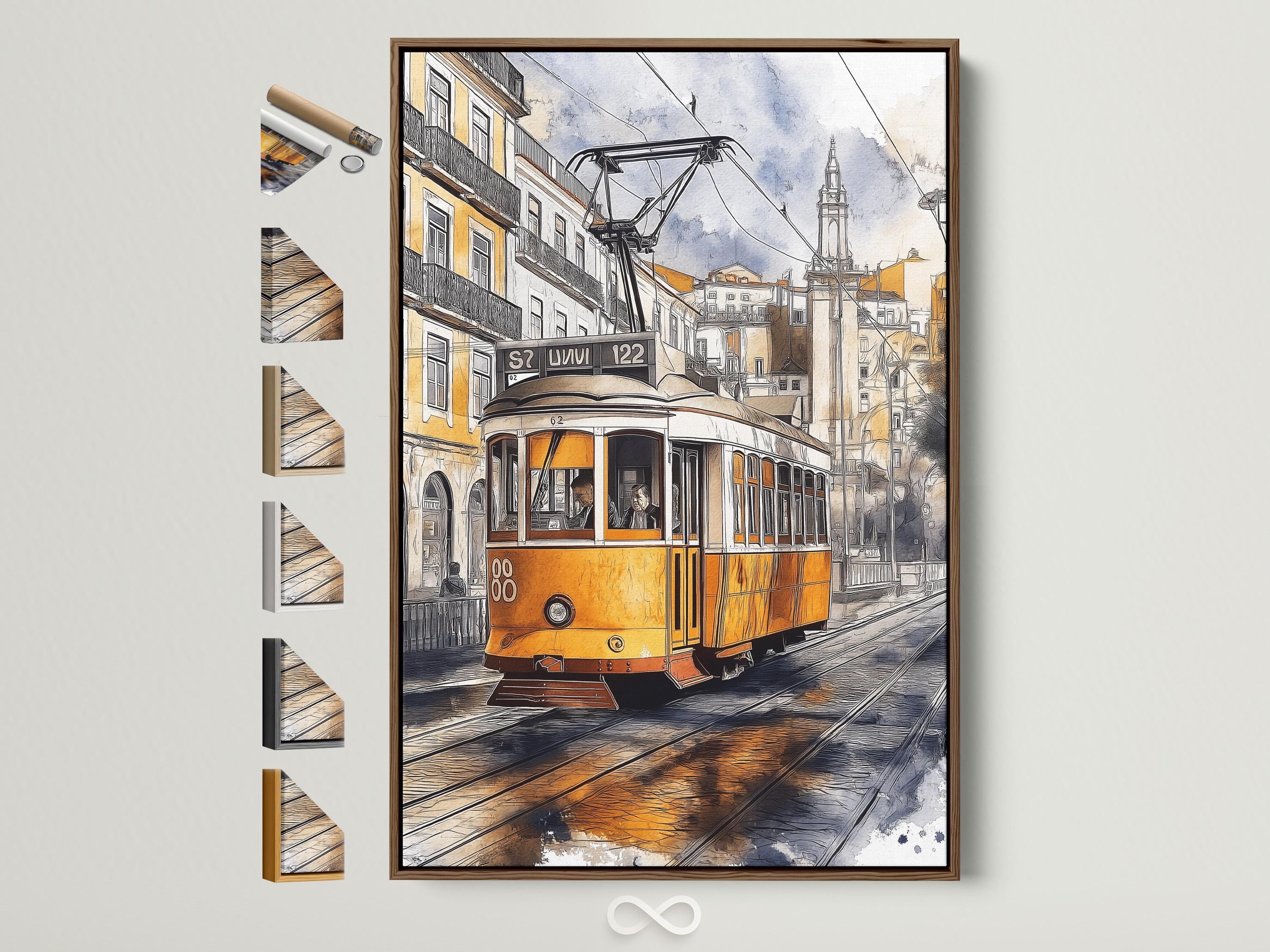 Painterly yellow tram on tracks beside city buildings with overhead cables