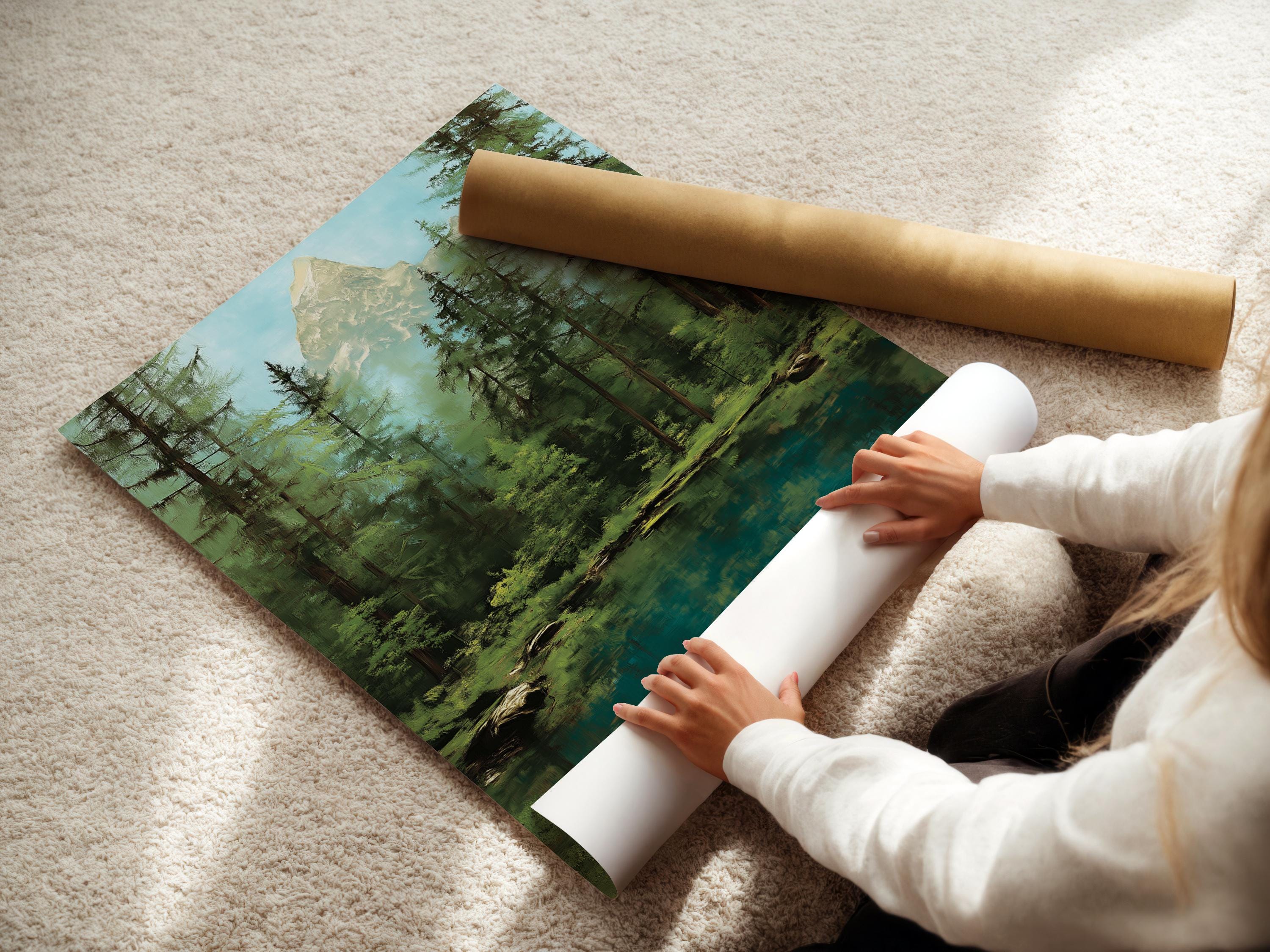 Forest mountain lake artwork shown in a room mockup with framed image