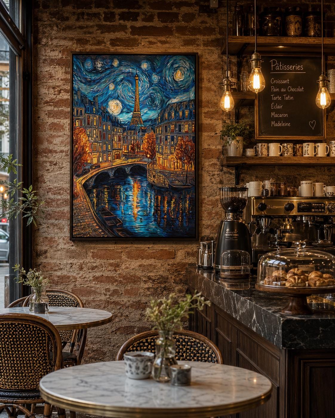 Woman hanging a framed night cityscape painting featuring the Eiffel Tower on a brick wall