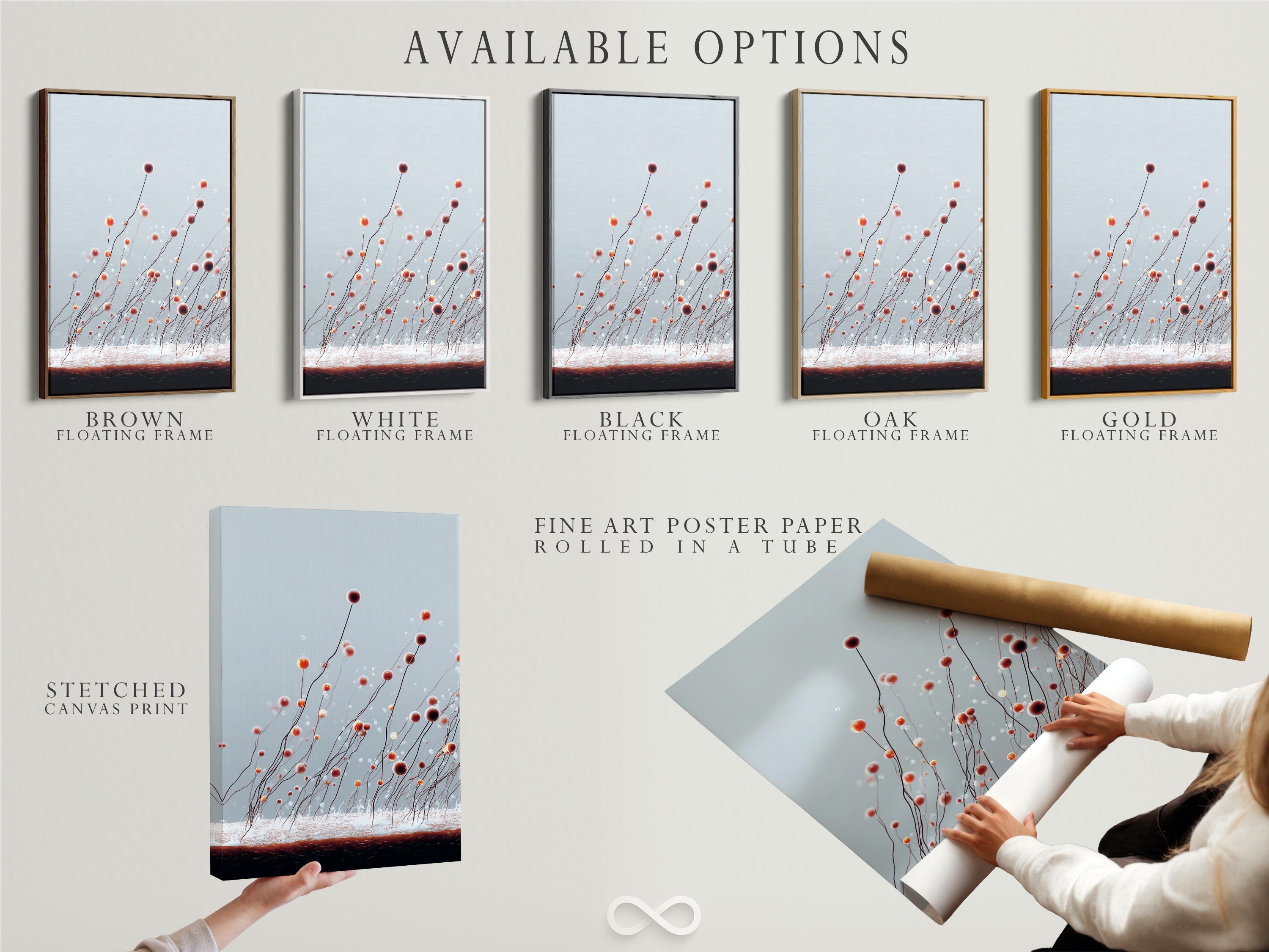 Abstract botanical artwork with curved stems and floating rust and orange bud-like spheres on a pale blue-grey background detail view